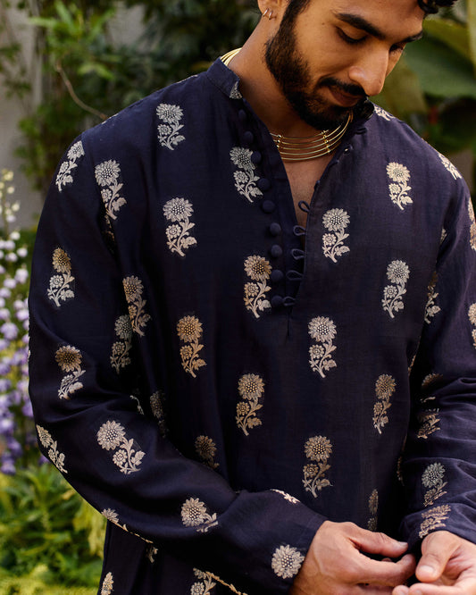 Midhnight Black Blue Pure Chanderi Floral Zari Buta Kurta-Men