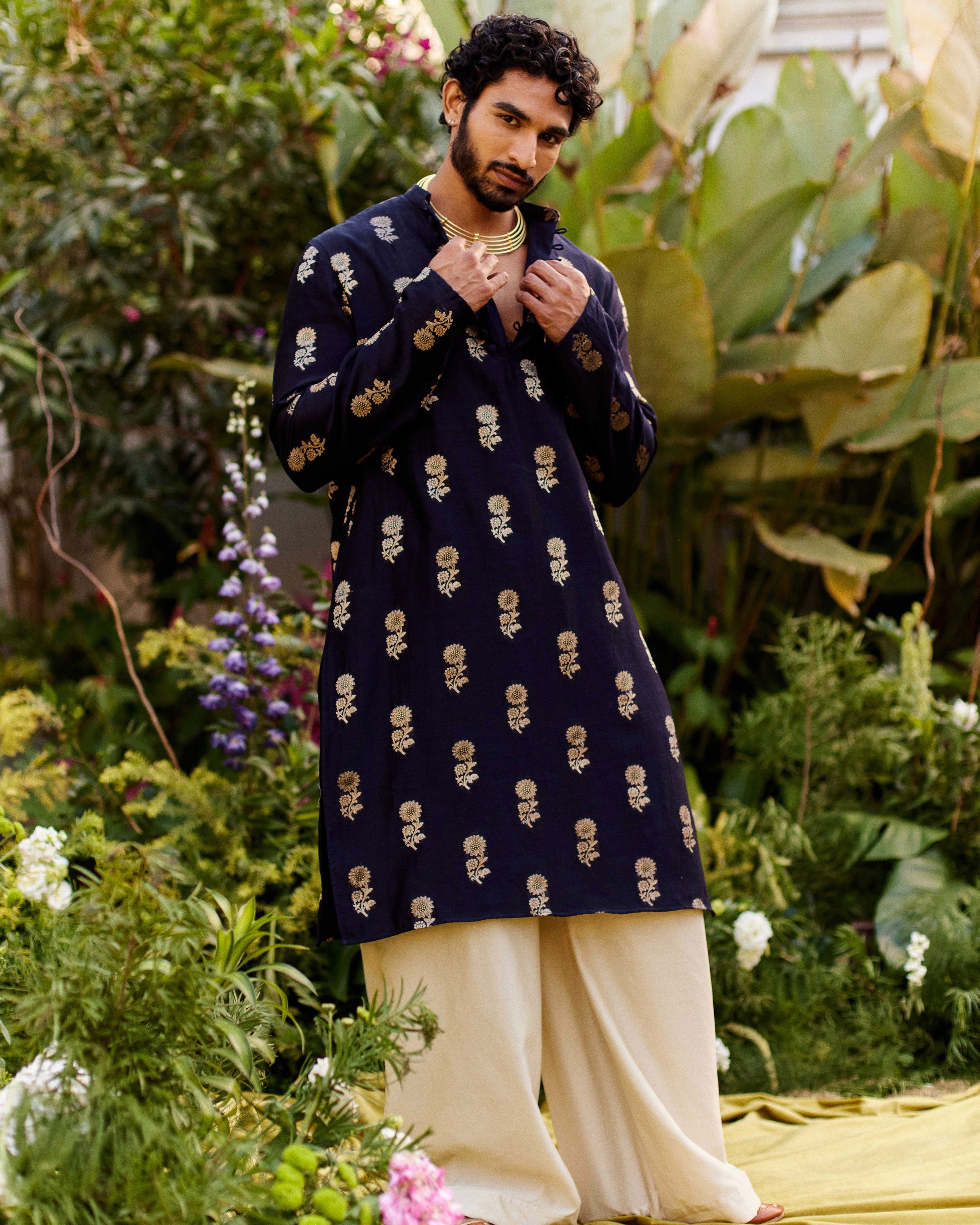 Midhnight Black Blue Pure Chanderi Floral Zari Buta Kurta-Men