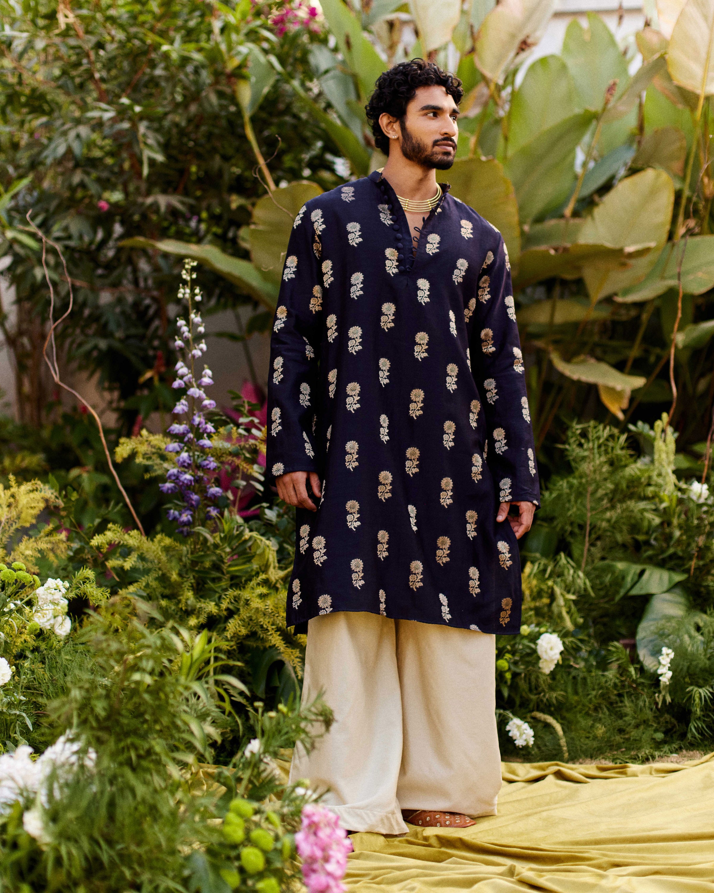 Midhnight Black Blue Pure Chanderi Floral Zari Buta Kurta-Men