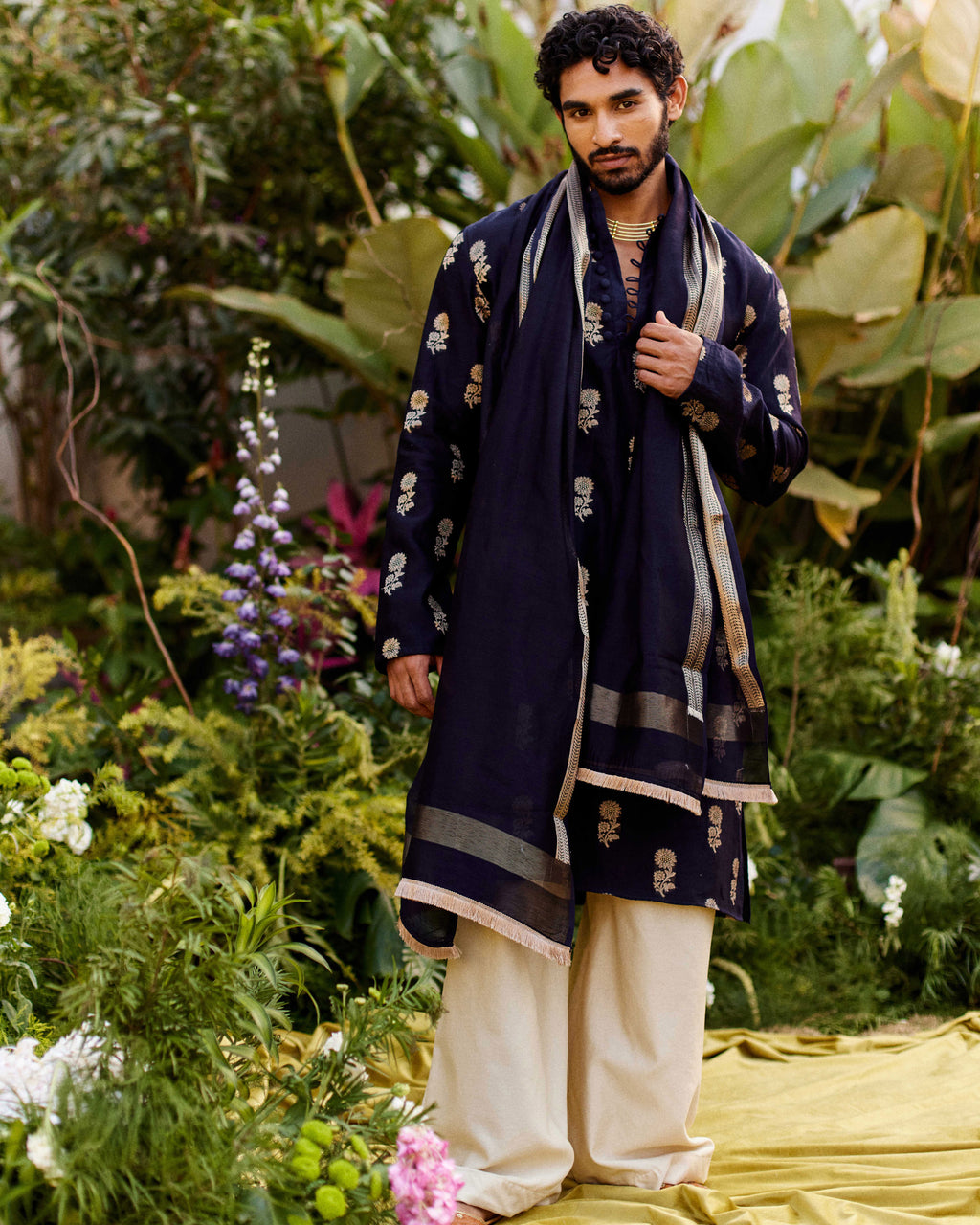Midhnight Black Blue Pure Chanderi Floral Zari Buta Kurta-Men