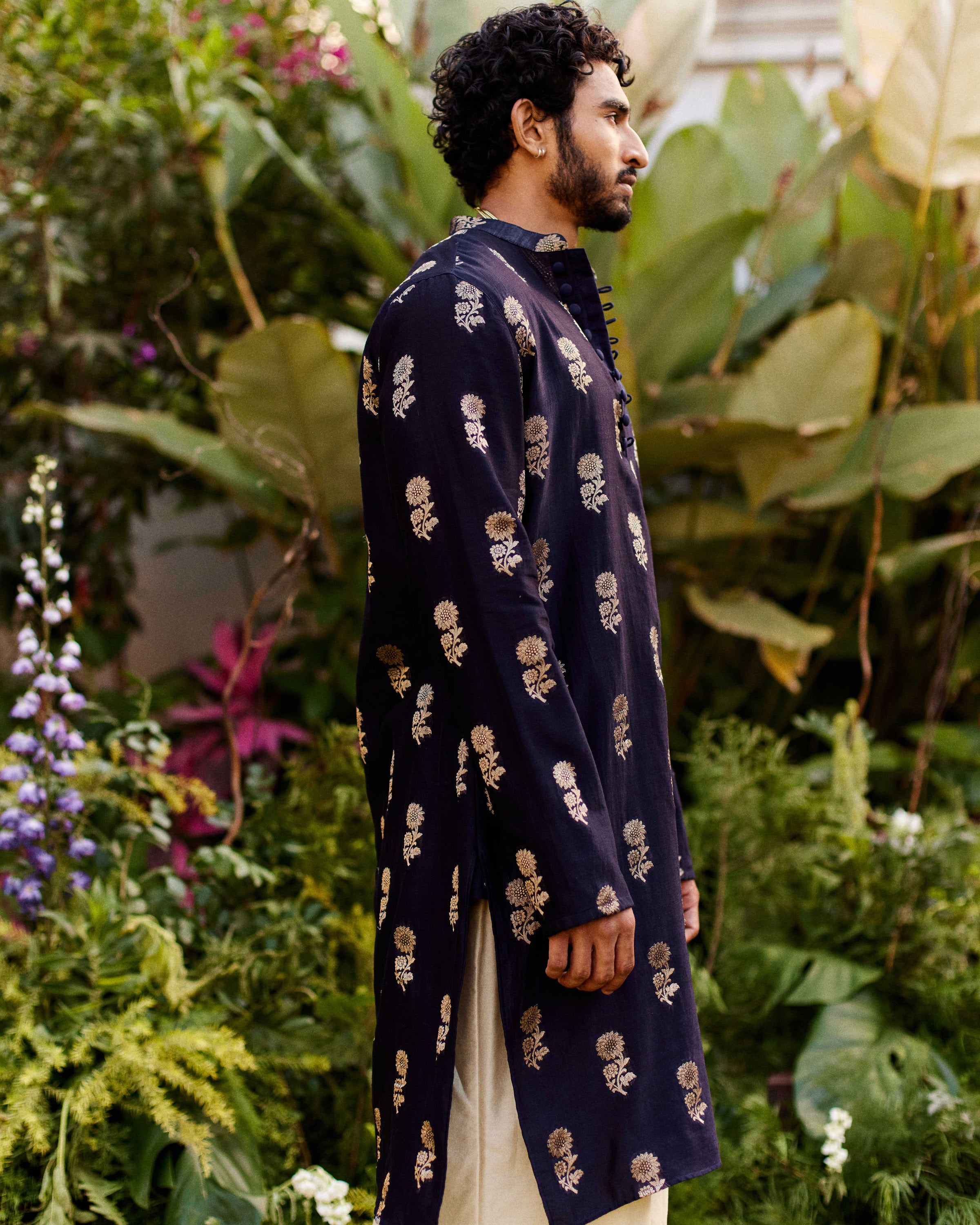 Midhnight Black Blue Pure Chanderi Floral Zari Buta Kurta-Men
