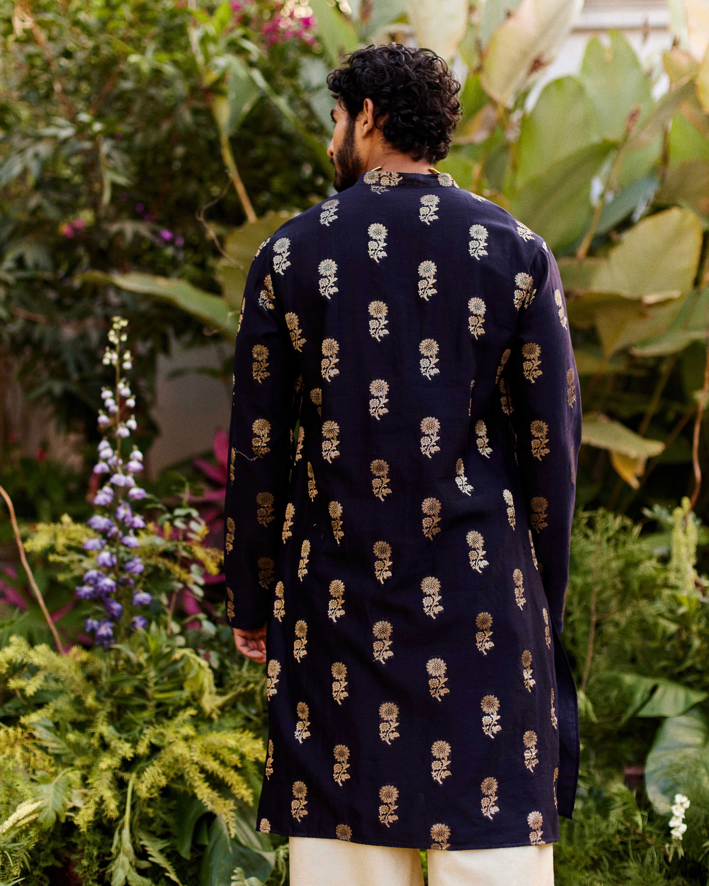 Midhnight Black Blue Pure Chanderi Floral Zari Buta Kurta-Men