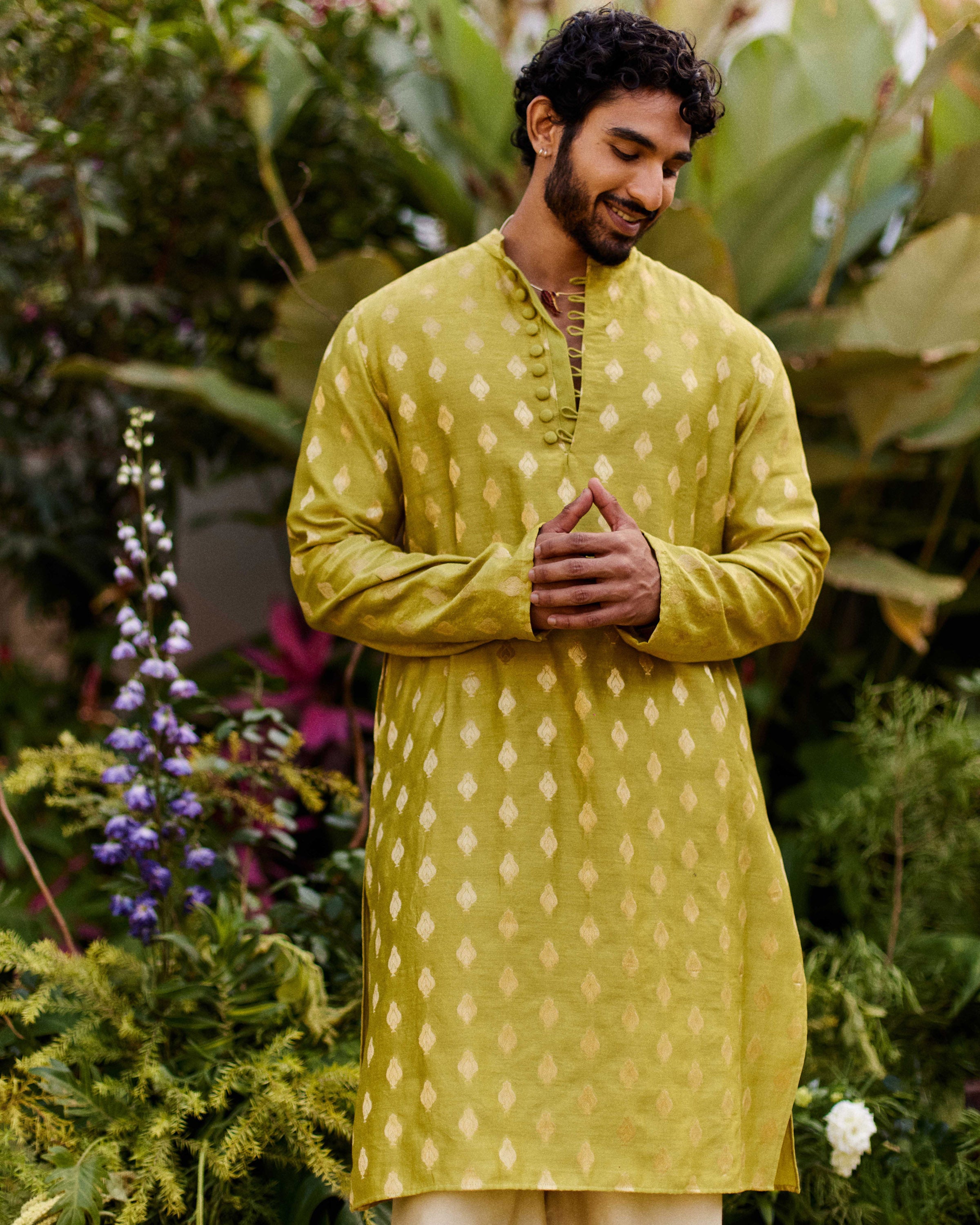 Green Pure Chanderi Tulip Zari Buta Kurta-Men