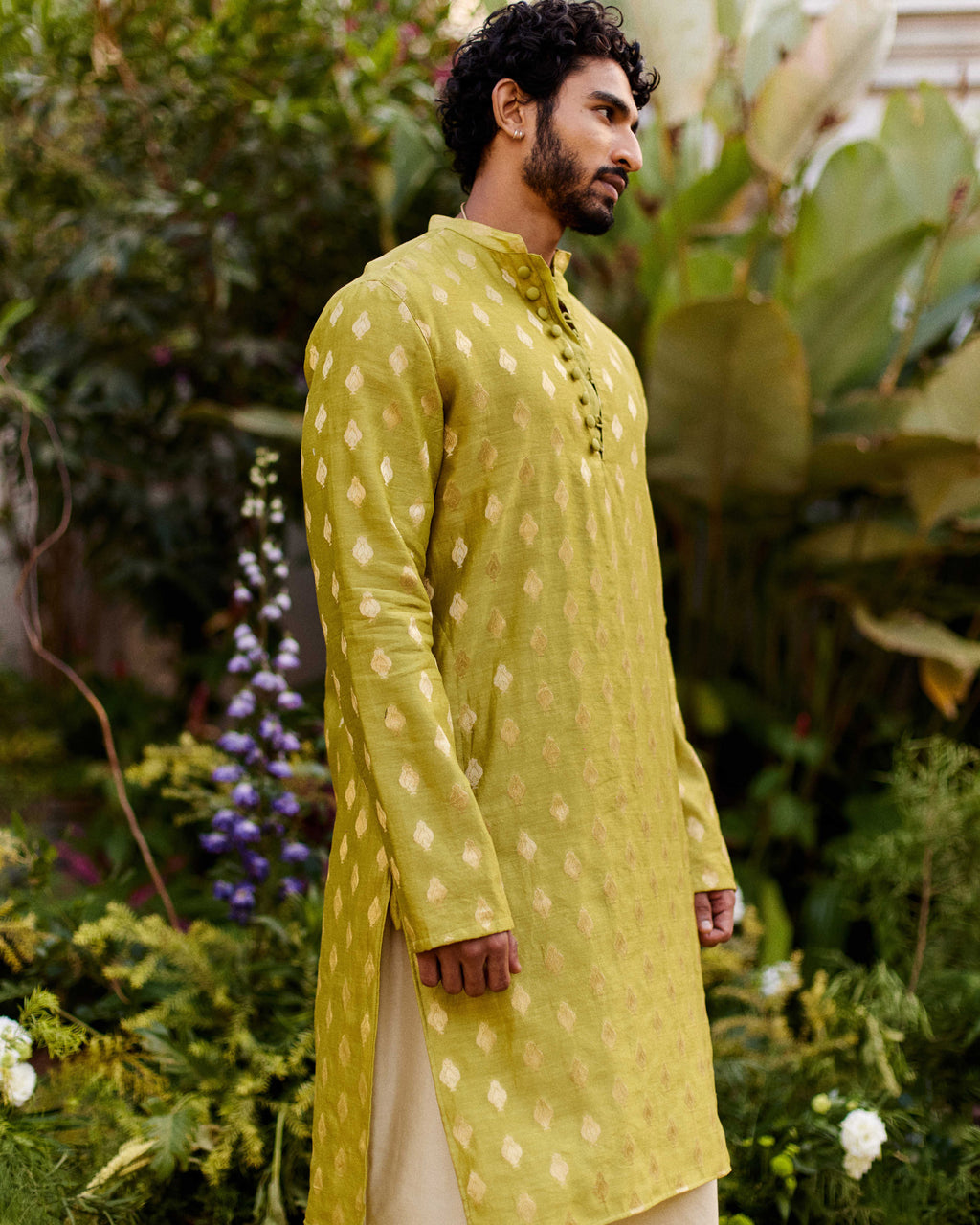 Green Pure Chanderi Tulip Zari Buta Kurta-Men