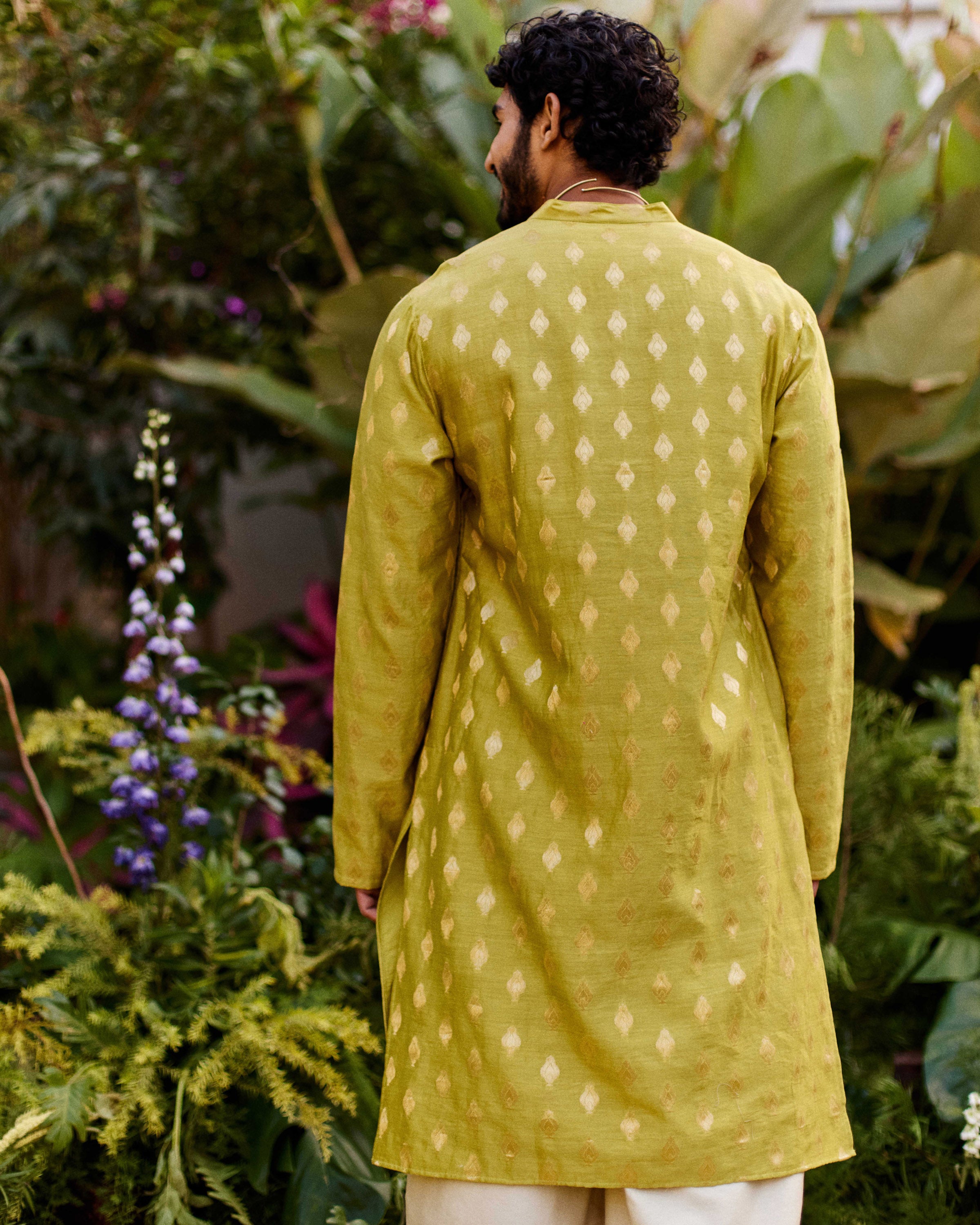 Green Pure Chanderi Tulip Zari Buta Kurta-Men
