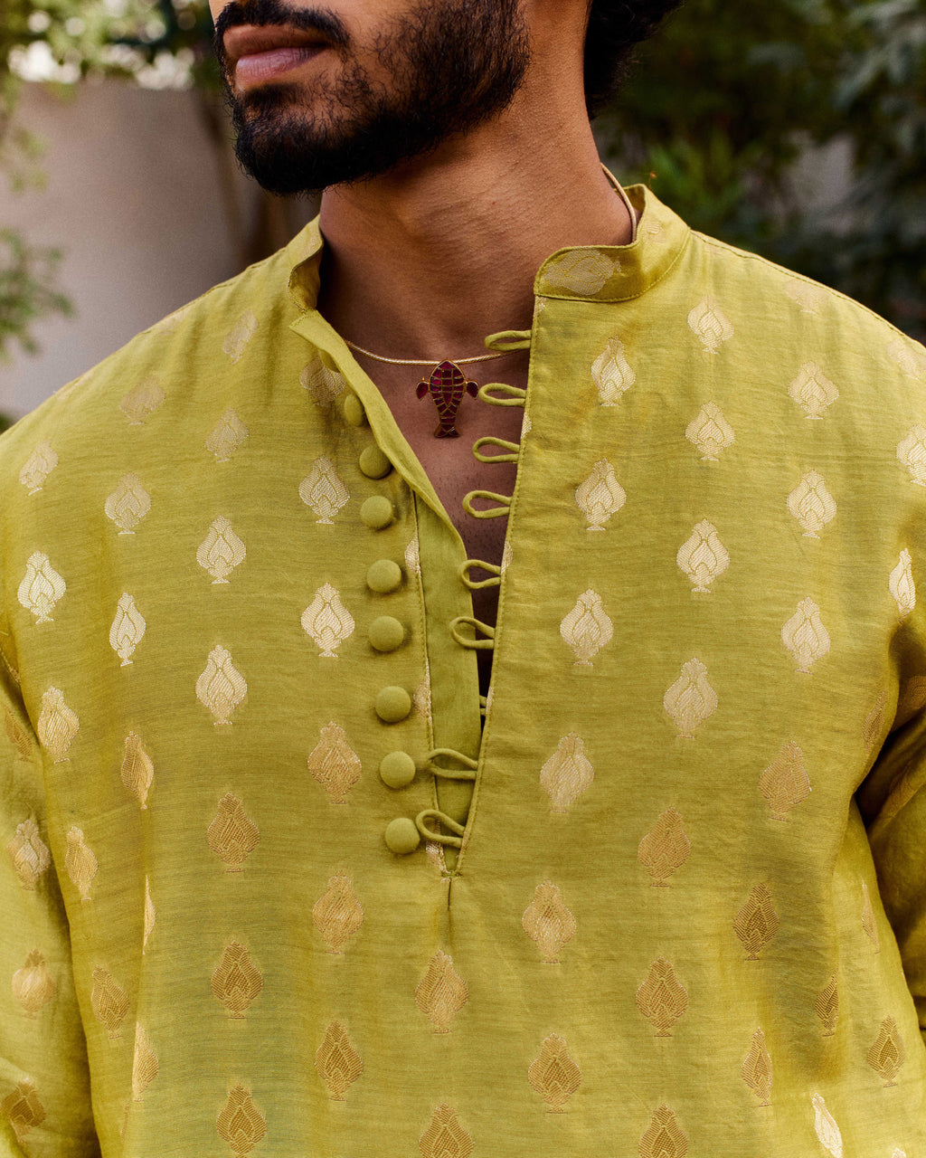 Green Pure Chanderi Tulip Zari Buta Kurta-Men