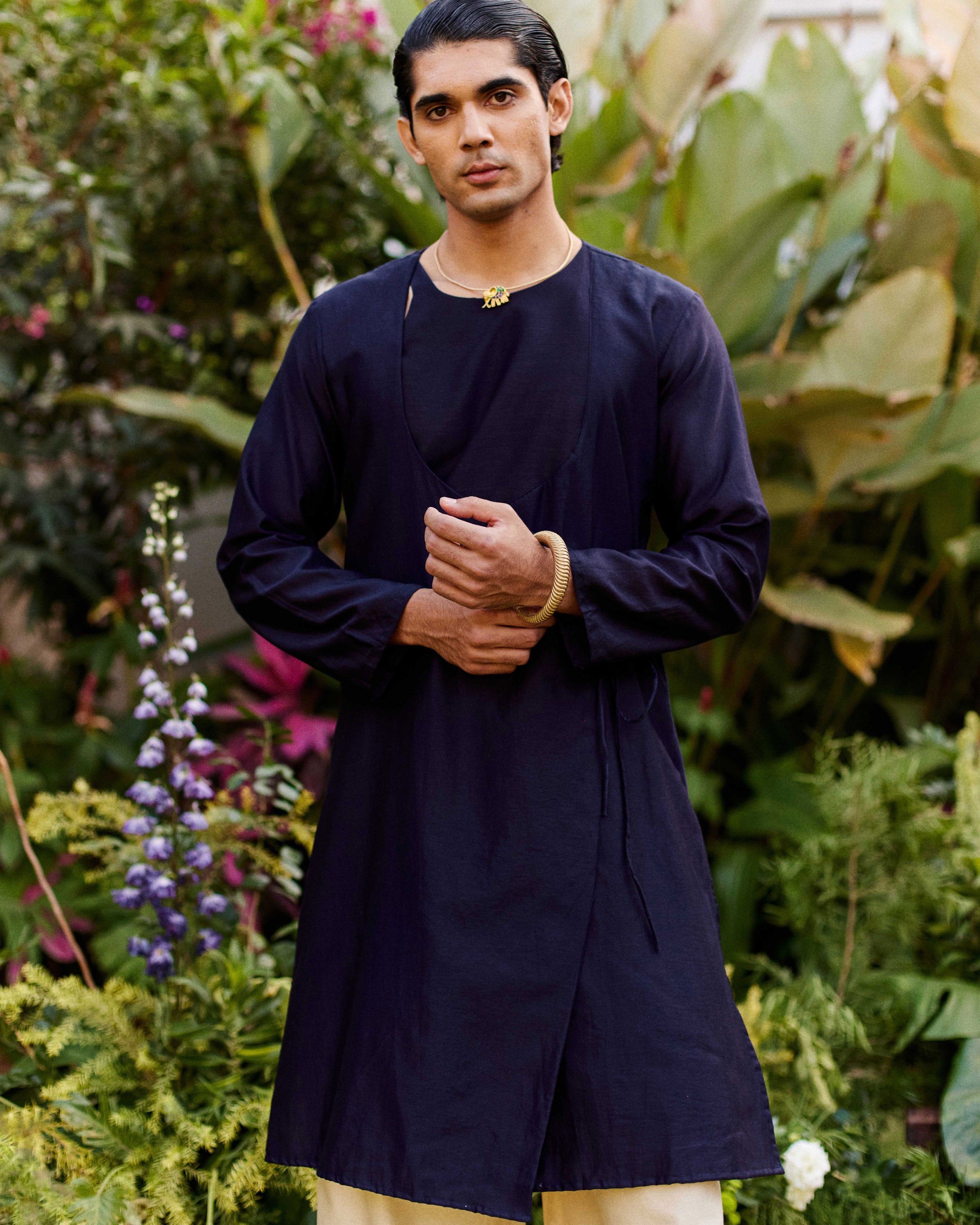 Midnight blue black Pure Chanderi Angrakha (Minimal)