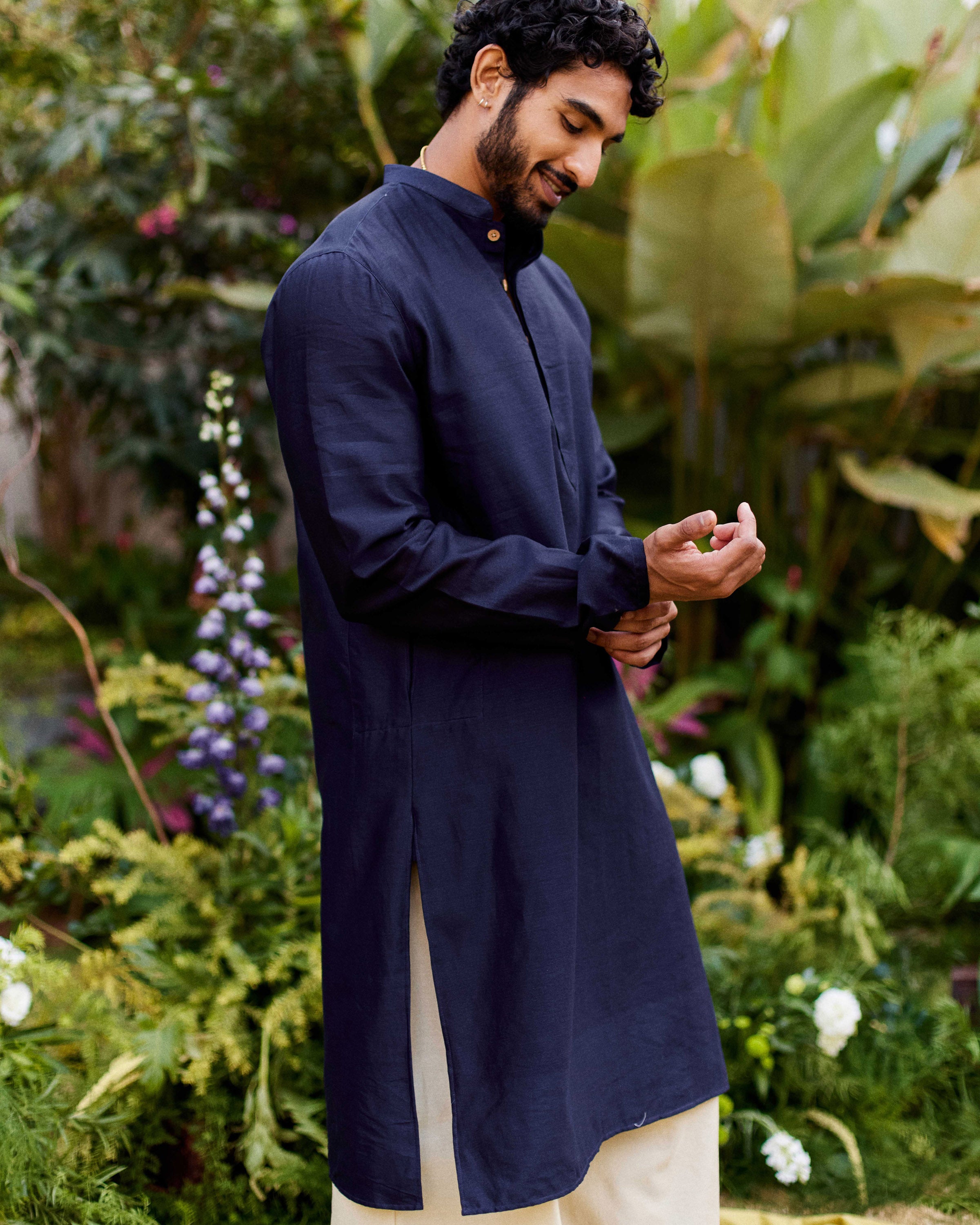 Midnight Blue black Pure Chanderi  Men's Kurta