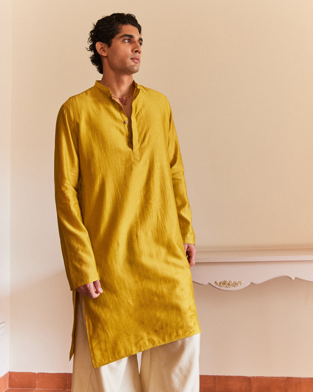 Yellow Pure Chanderi  Men's Kurta