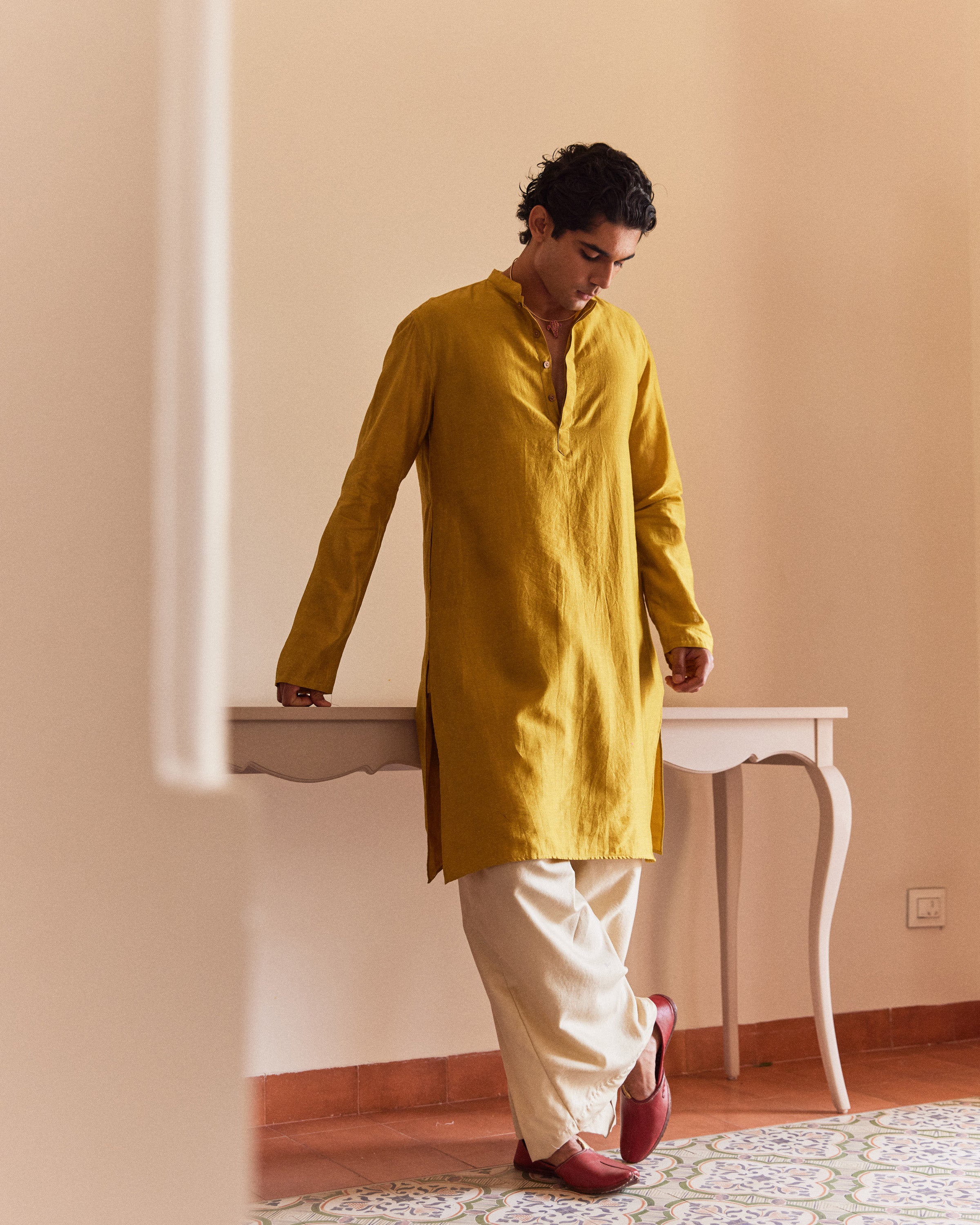 Yellow Pure Chanderi  Men's Kurta