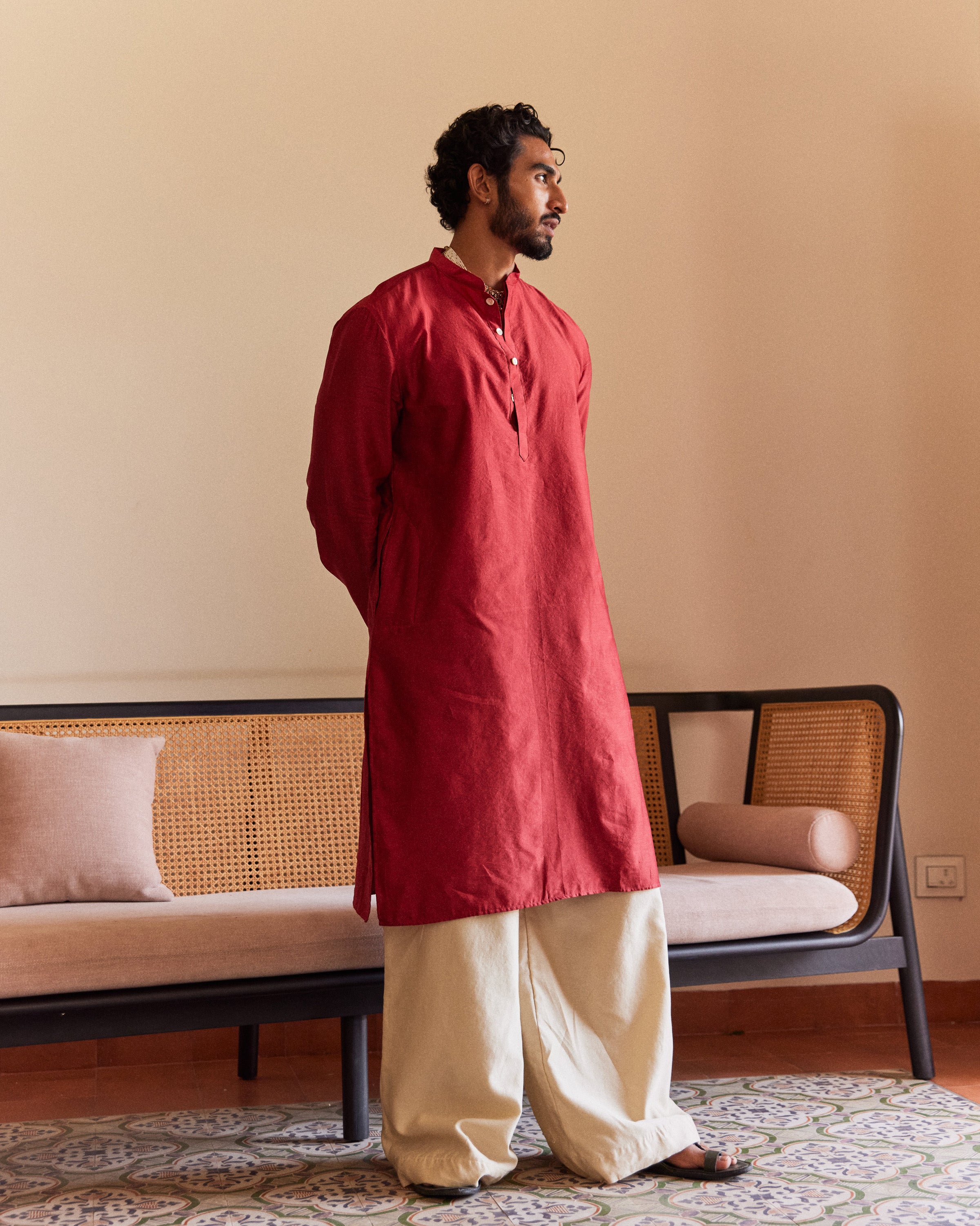 Red Pure Chanderi  Men's Kurta