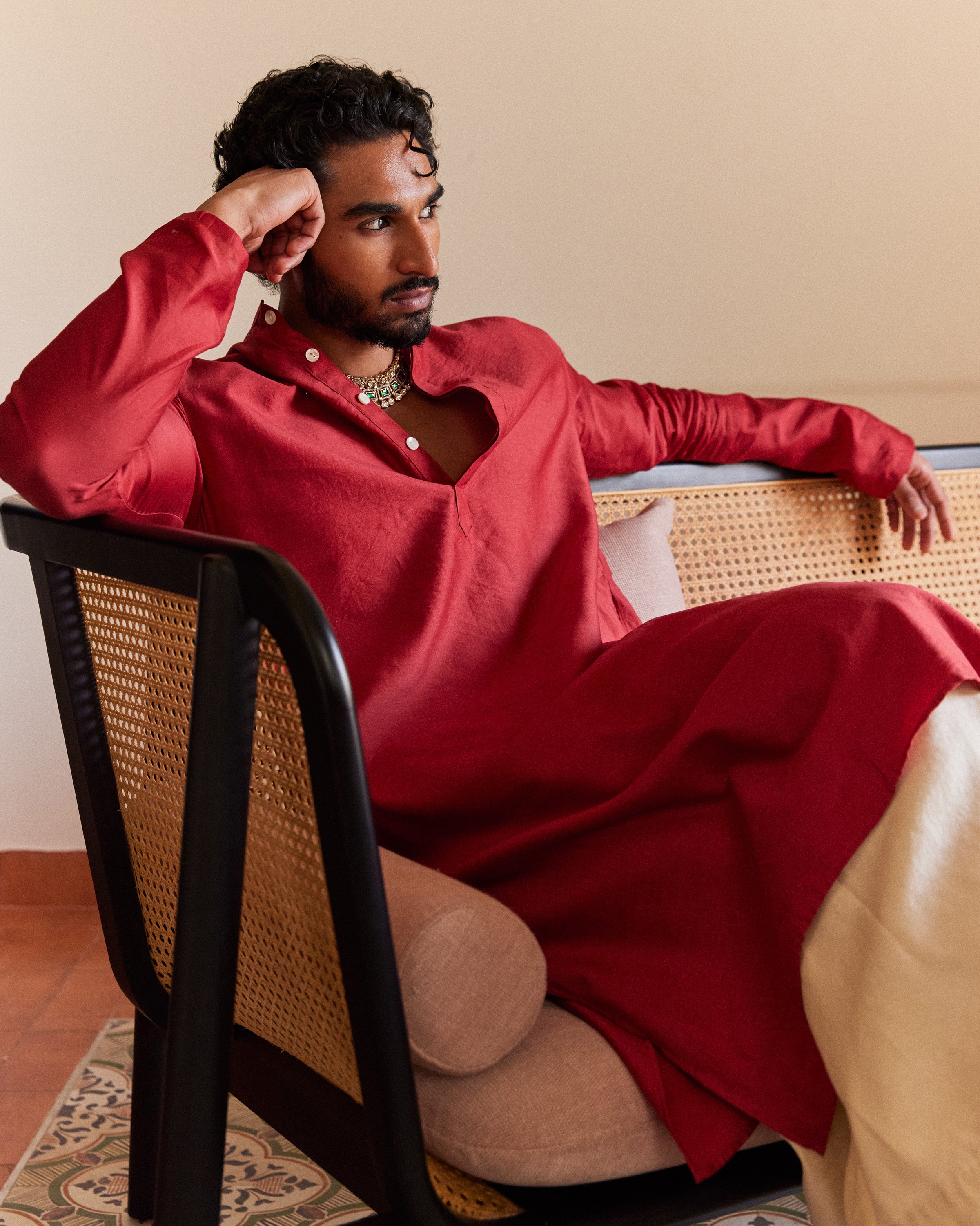 Red Pure Chanderi  Men's Kurta