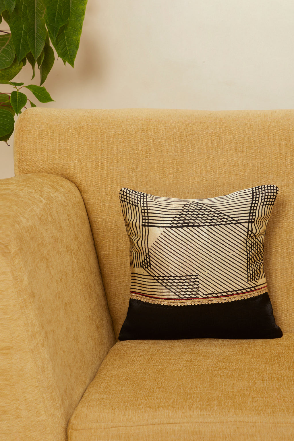 Paheli Black Mashru Ajrakh Square Cushion Cover