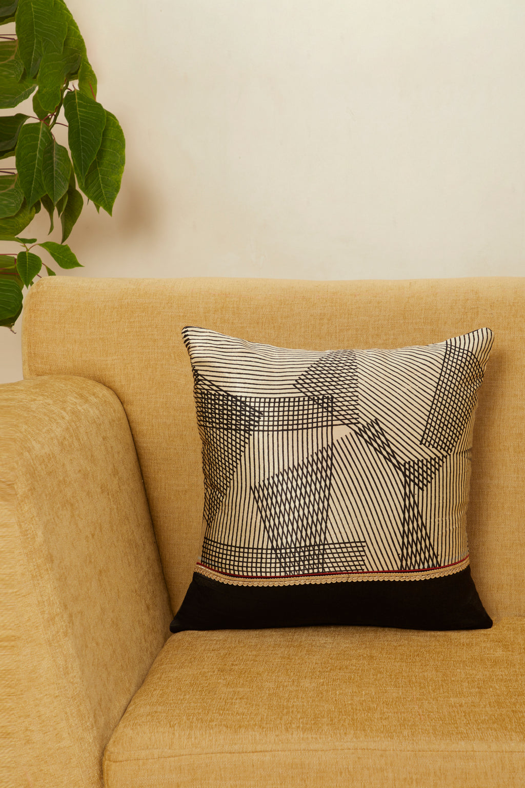 Paheli Black Mashru Ajrakh Square Cushion Cover