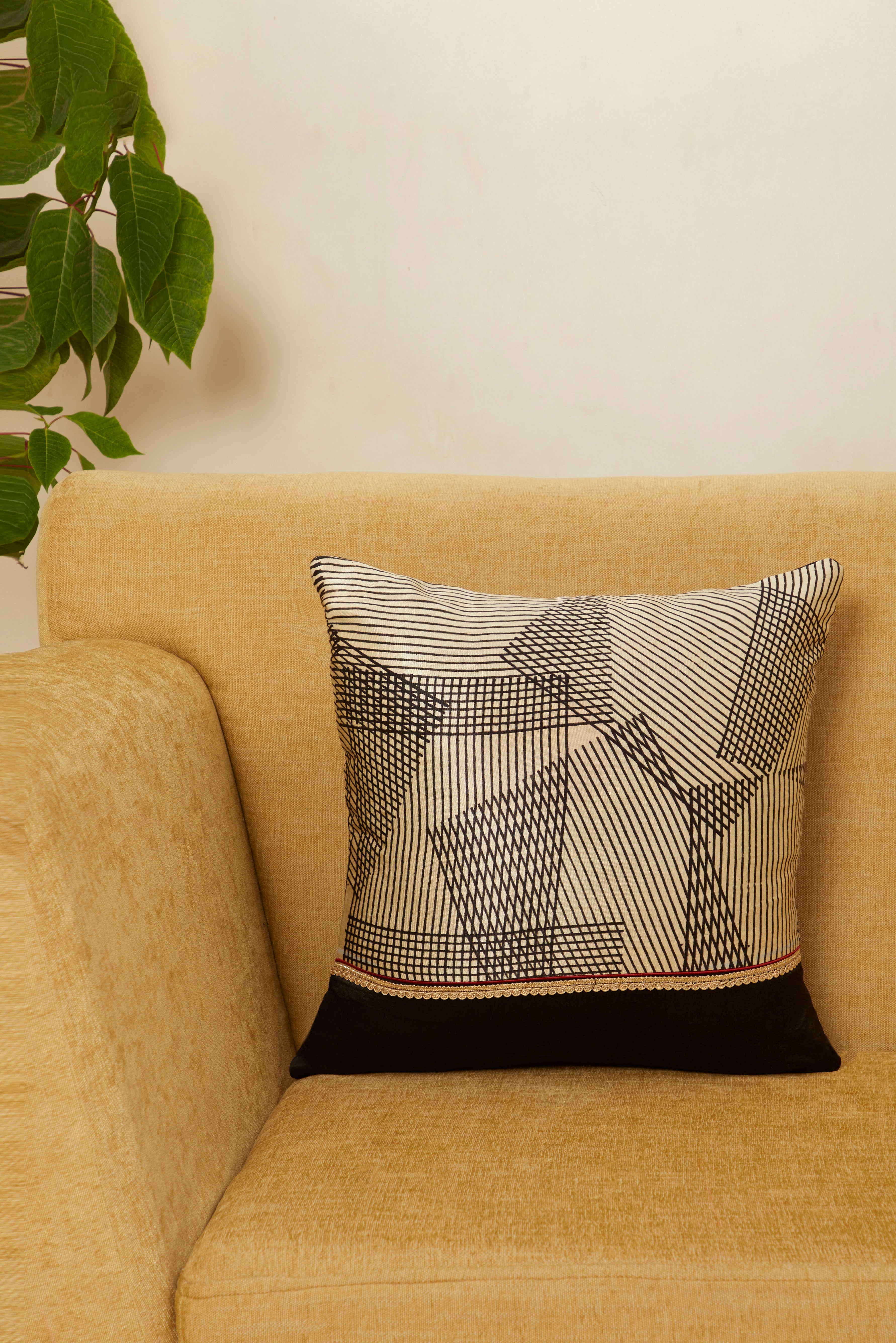 Paheli Black Mashru Ajrakh Square Cushion Cover