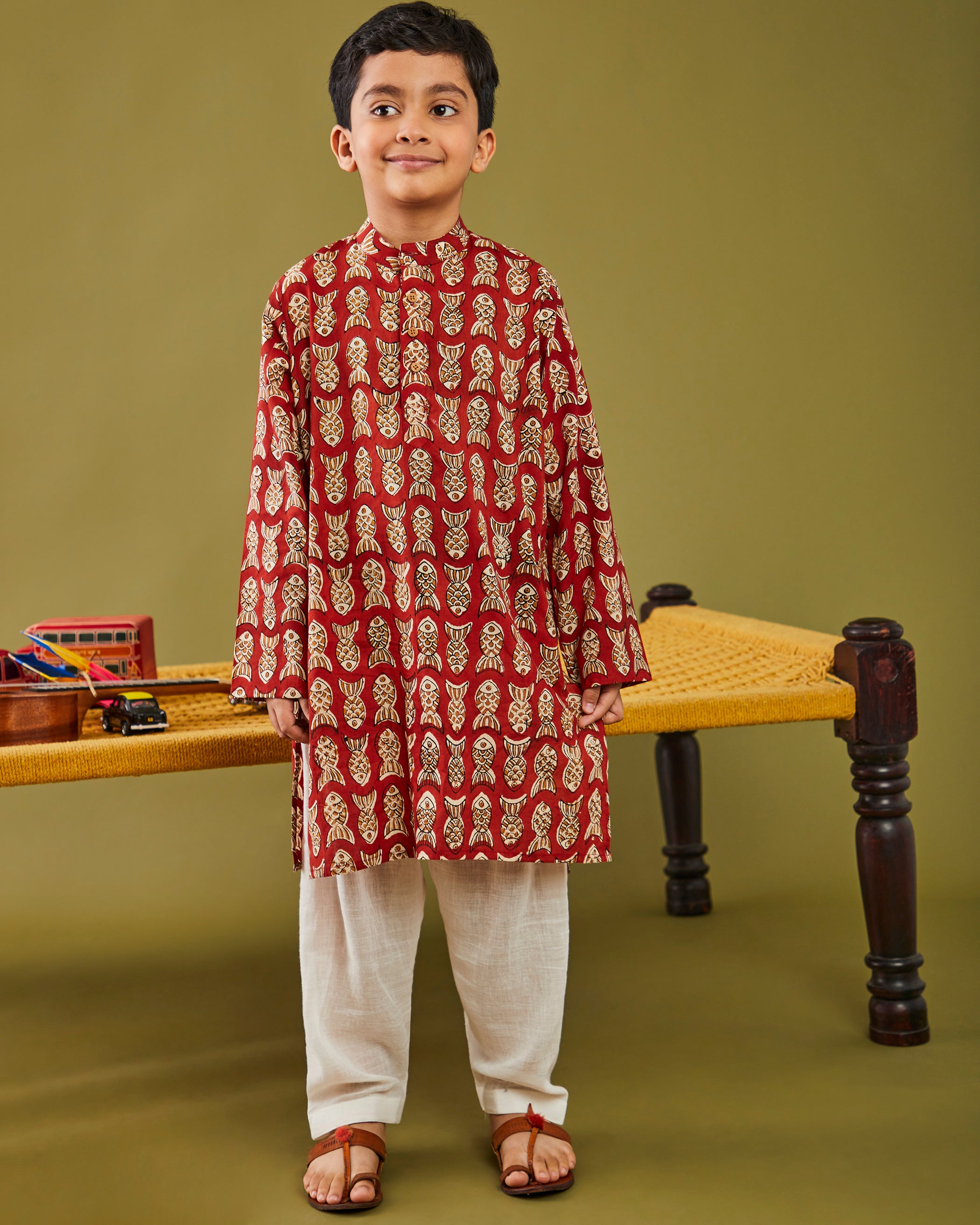 Bagru Machhli- Red Kurta Pajama Set
