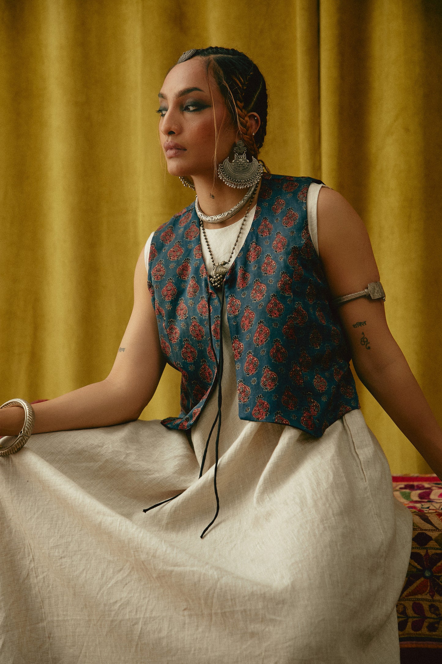 Reshmi Anar Ajrakh waistcoat- Cold Hue