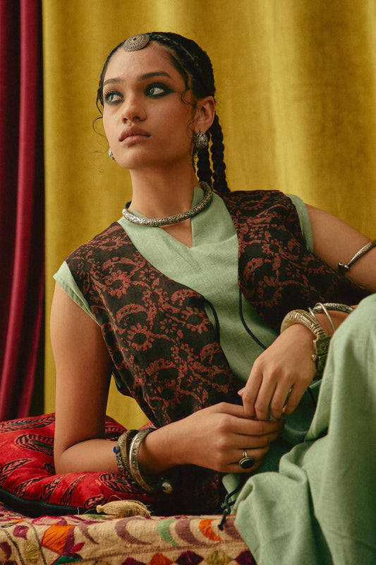 Reshmi Kharek Ajrakh waistcoat