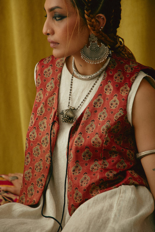 Reshmi Anar Ajrakh waistcoat- Warm Hue