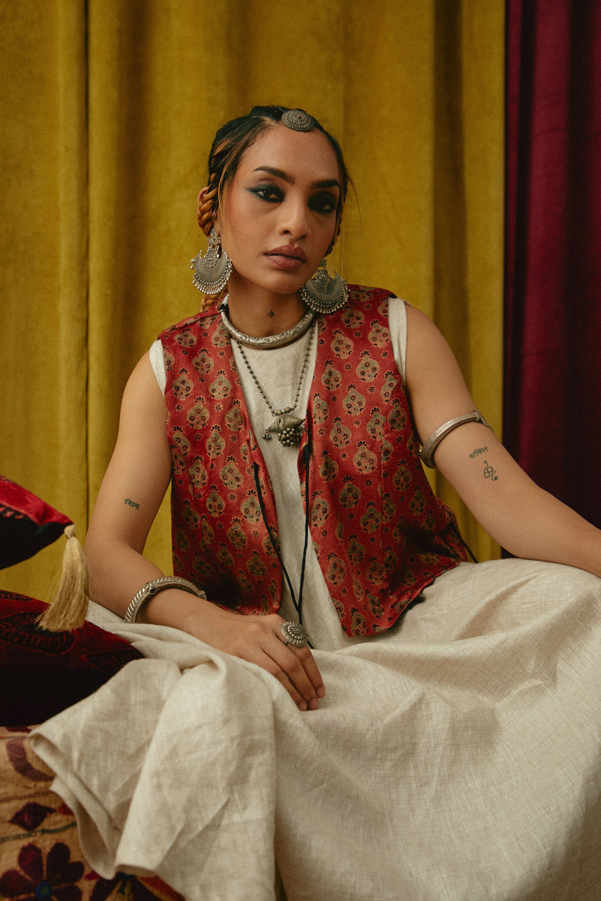 Reshmi Anar Ajrakh waistcoat- Warm Hue