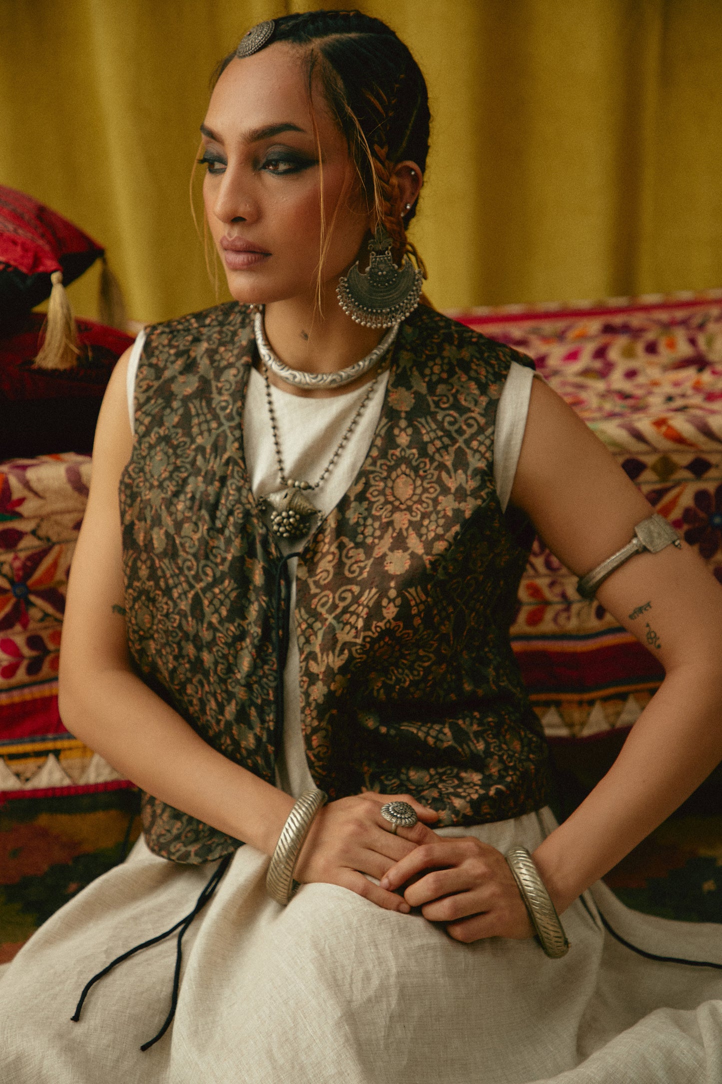 Reshmi Badam Ajrakh waistcoat - Cold Hue