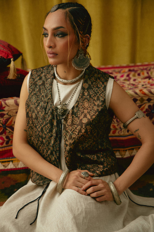 Reshmi Badam Ajrakh waistcoat - Cold Hue