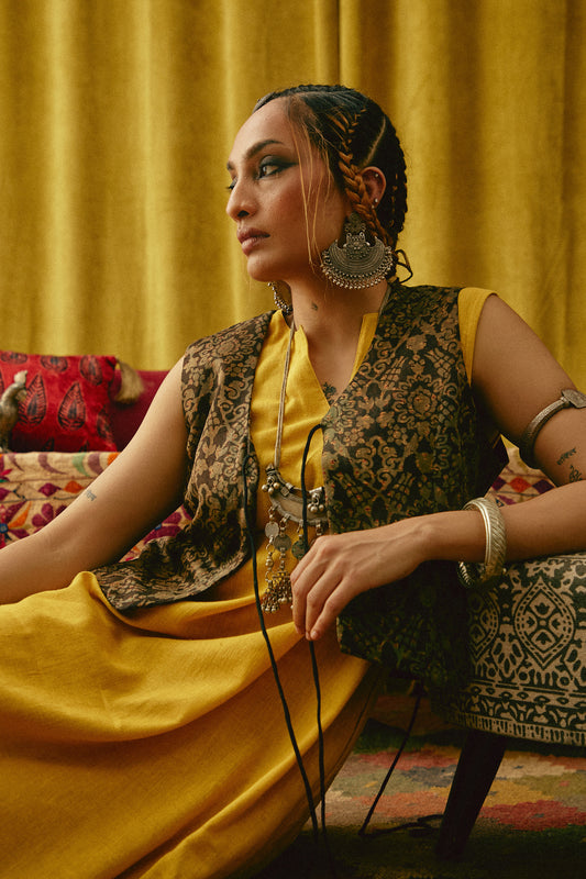 Reshmi Badam Ajrakh waistcoat - Warm Hue