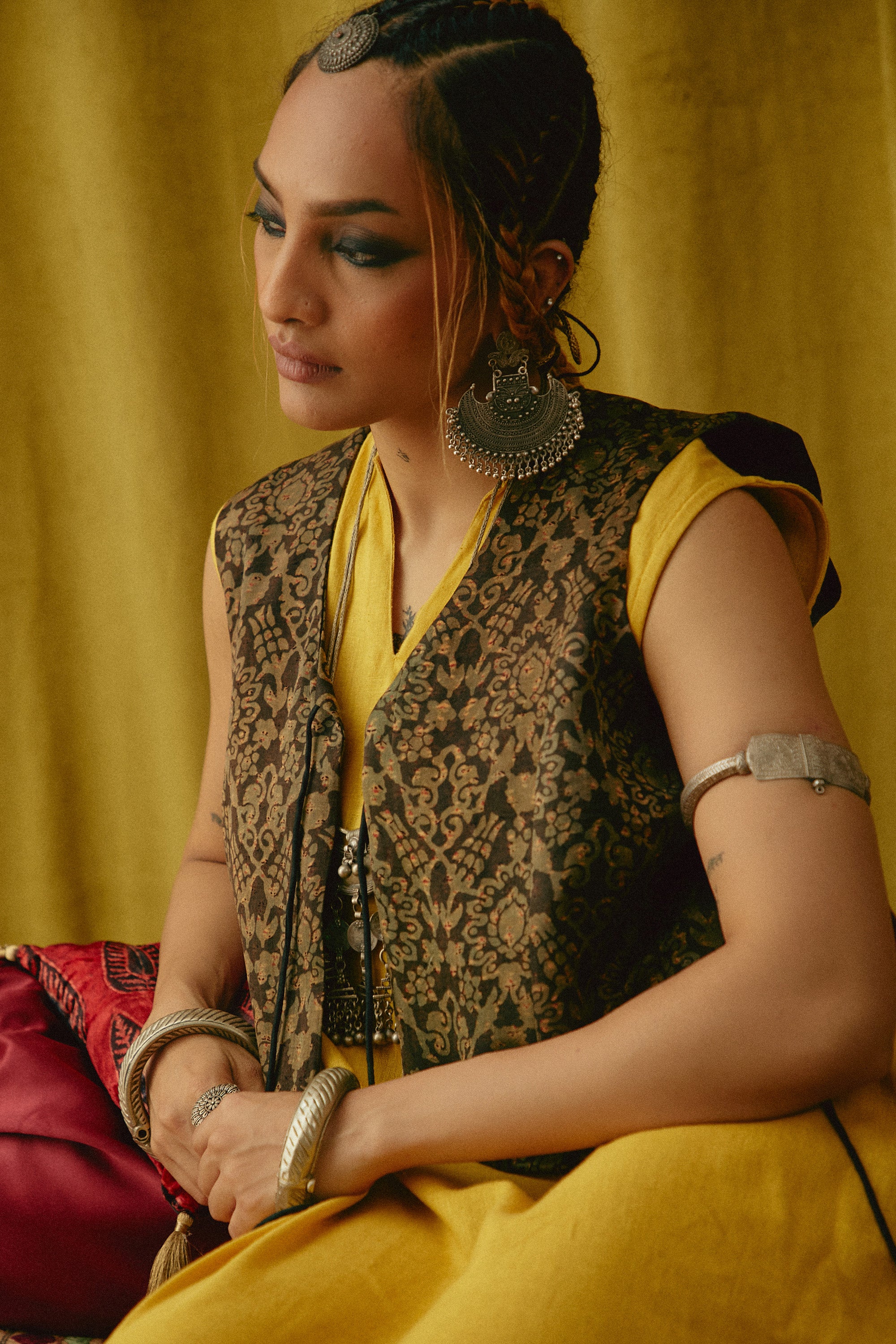 Reshmi Badam Ajrakh waistcoat - Warm Hue