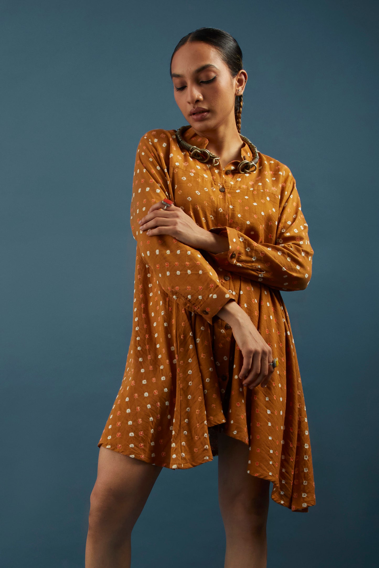 Bandhej Ochre Cotton Tunic Shrug