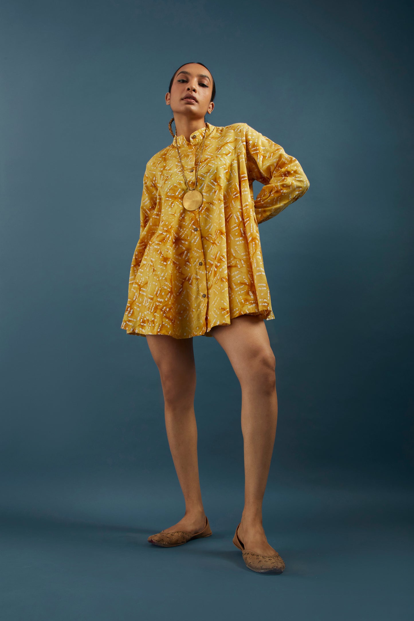 Yellow Block Printed Cotton Tunic Shrug