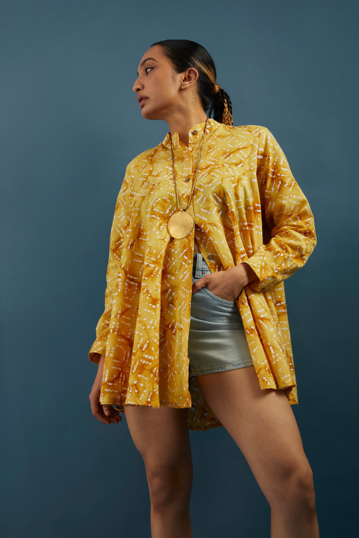 Yellow Block Printed Cotton Tunic Shrug