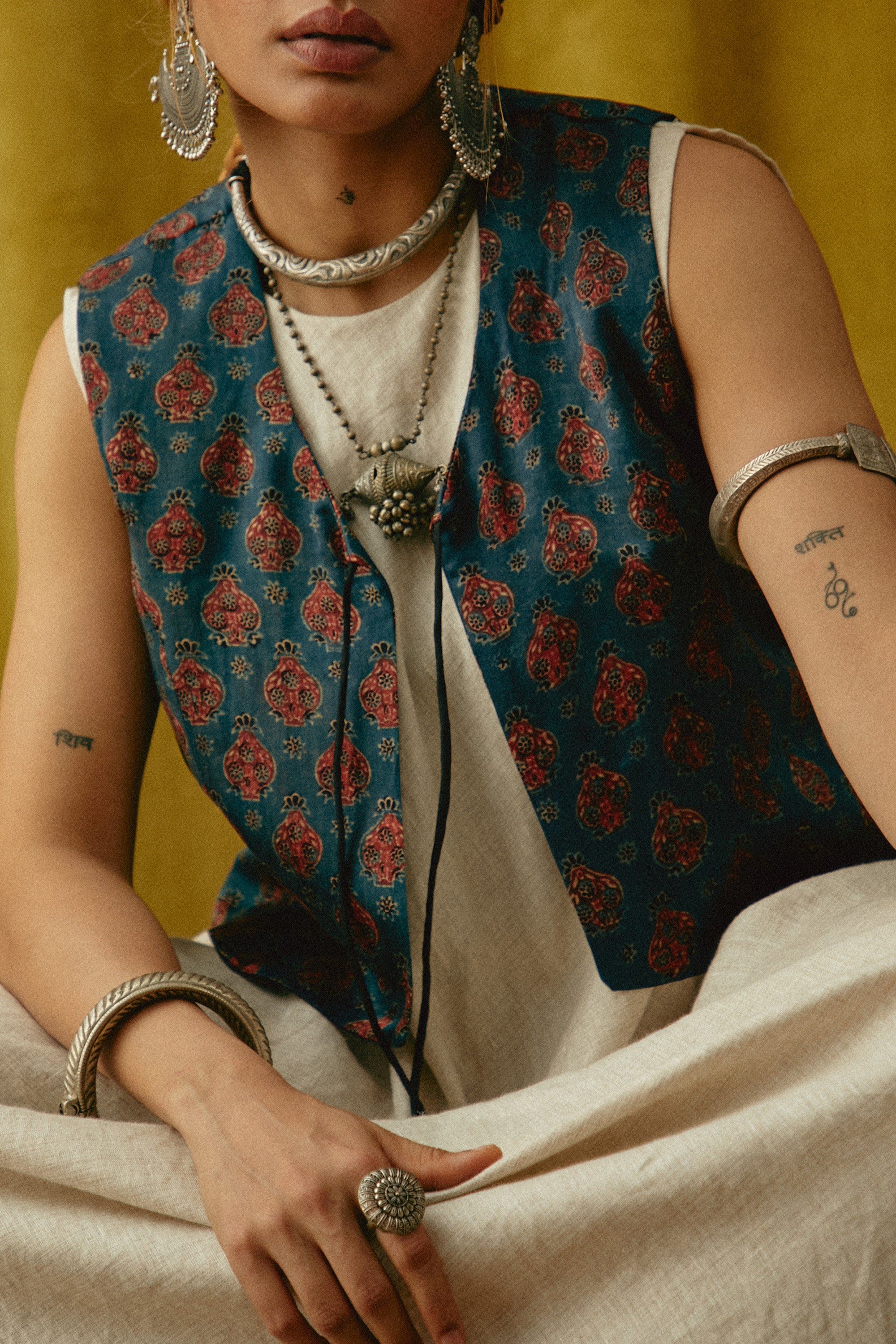 Reshmi Anar Ajrakh waistcoat- Cold Hue