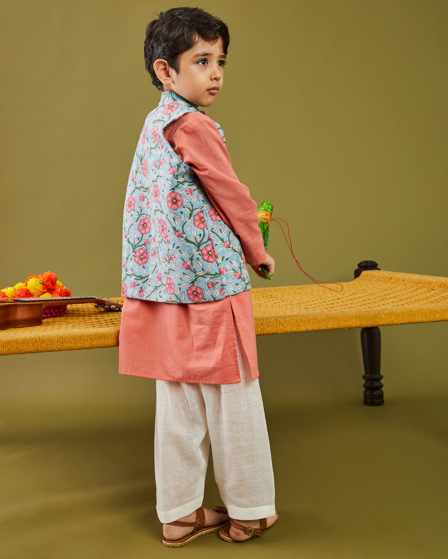 Sanaganeri Phool Kurta Pajama Bandi Set