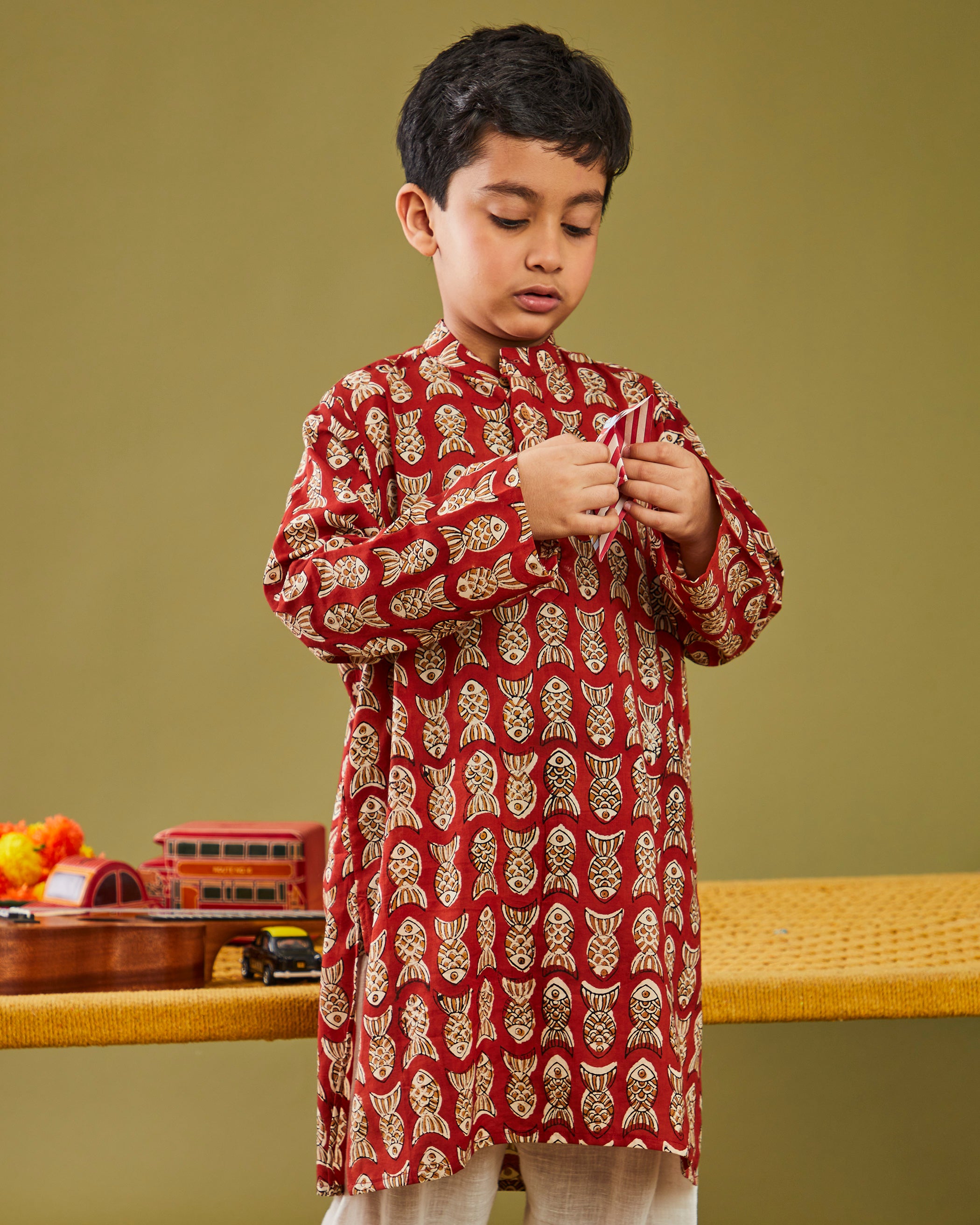 Bagru Machhli- Red Kurta Pajama Set