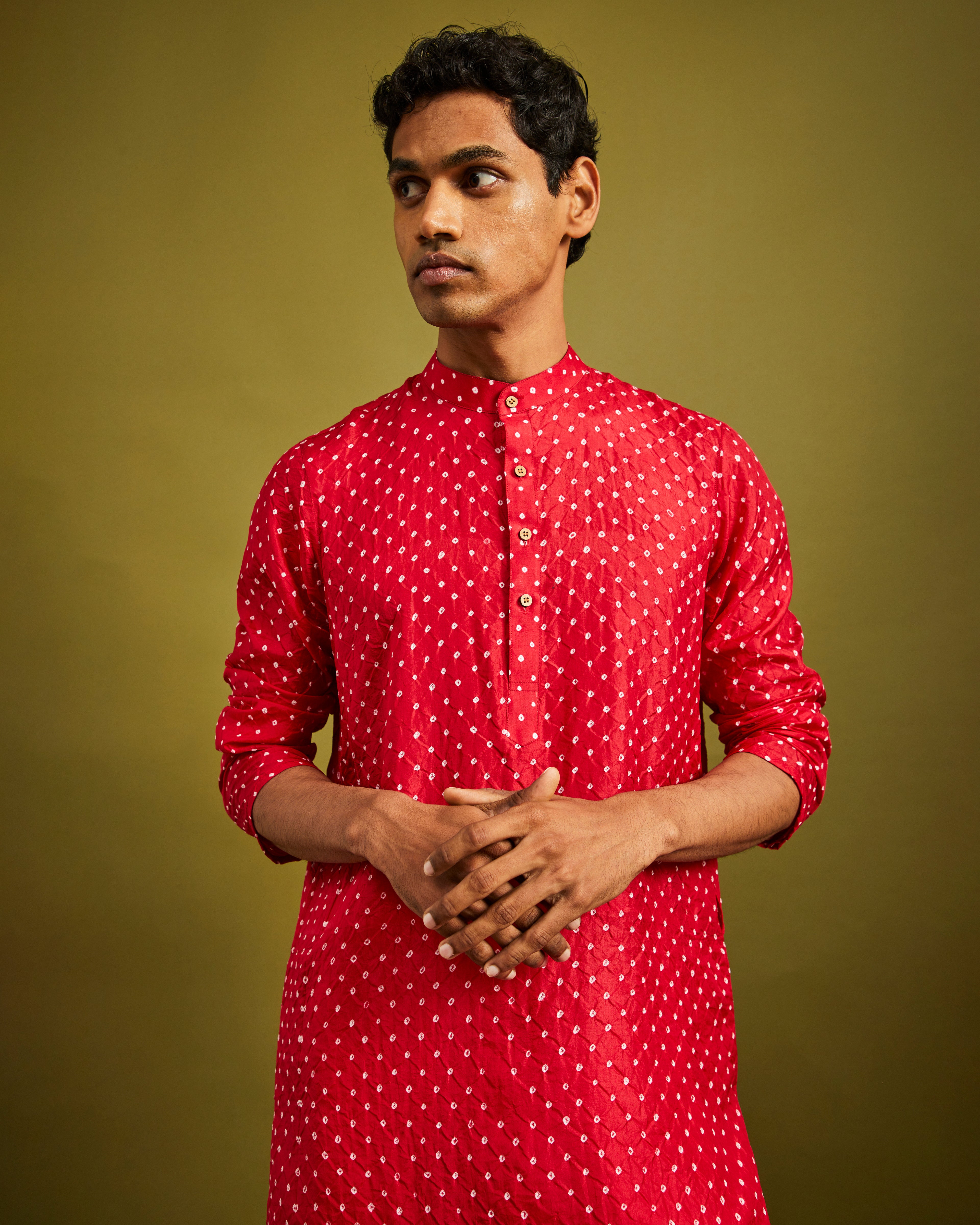Mens Rai Bandhej Ekdana Mulberry Silk Red Kurta
