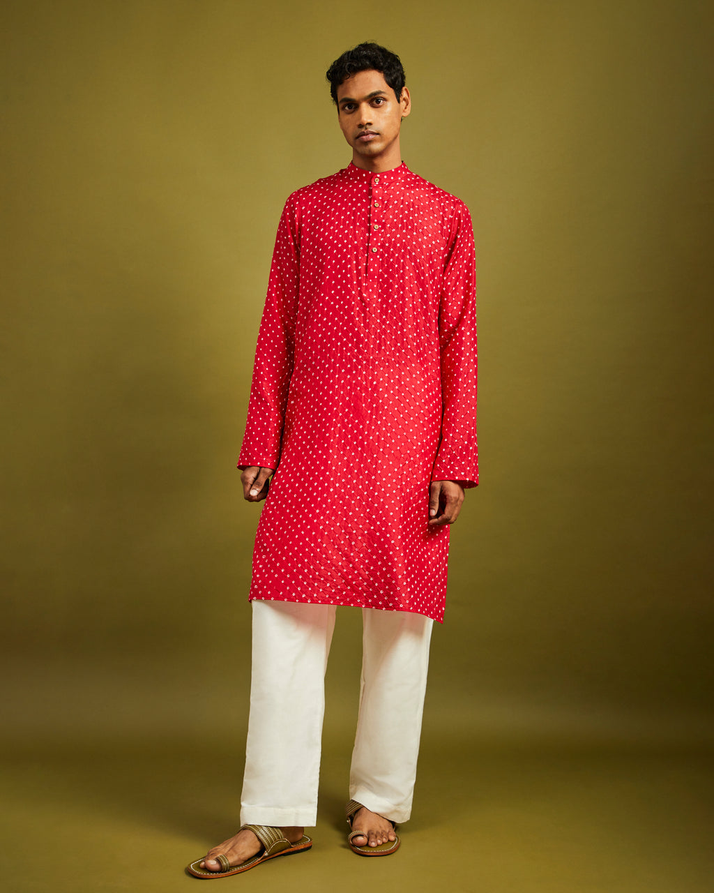 Mens Rai Bandhej Ekdana Mulberry Silk Red Kurta
