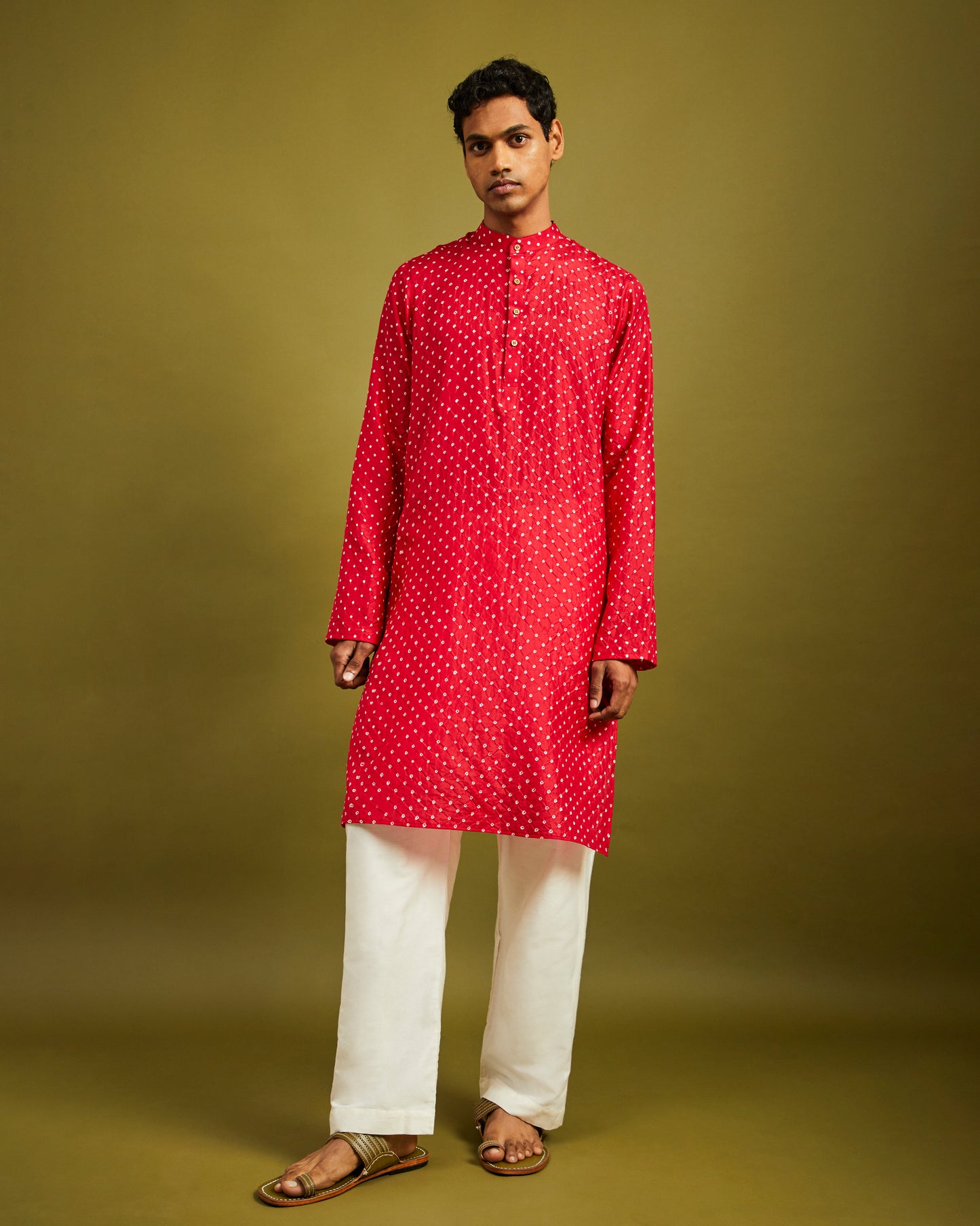 Mens Rai Bandhej Ekdana Mulberry Silk Red Kurta