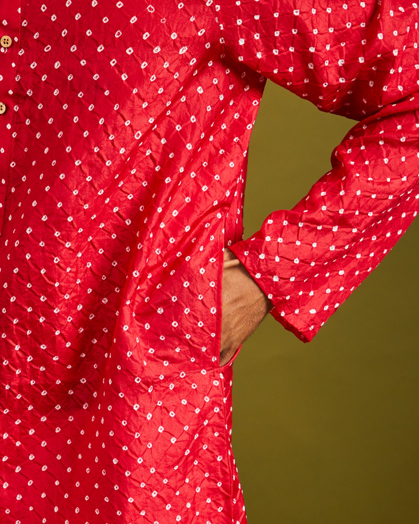 Mens Rai Bandhej Ekdana Mulberry Silk Red Kurta