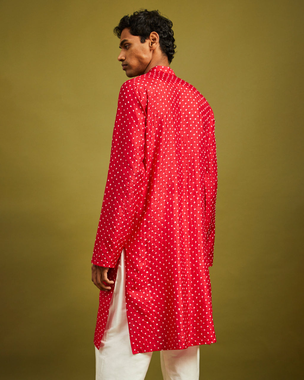 Mens Rai Bandhej Ekdana Mulberry Silk Red Kurta