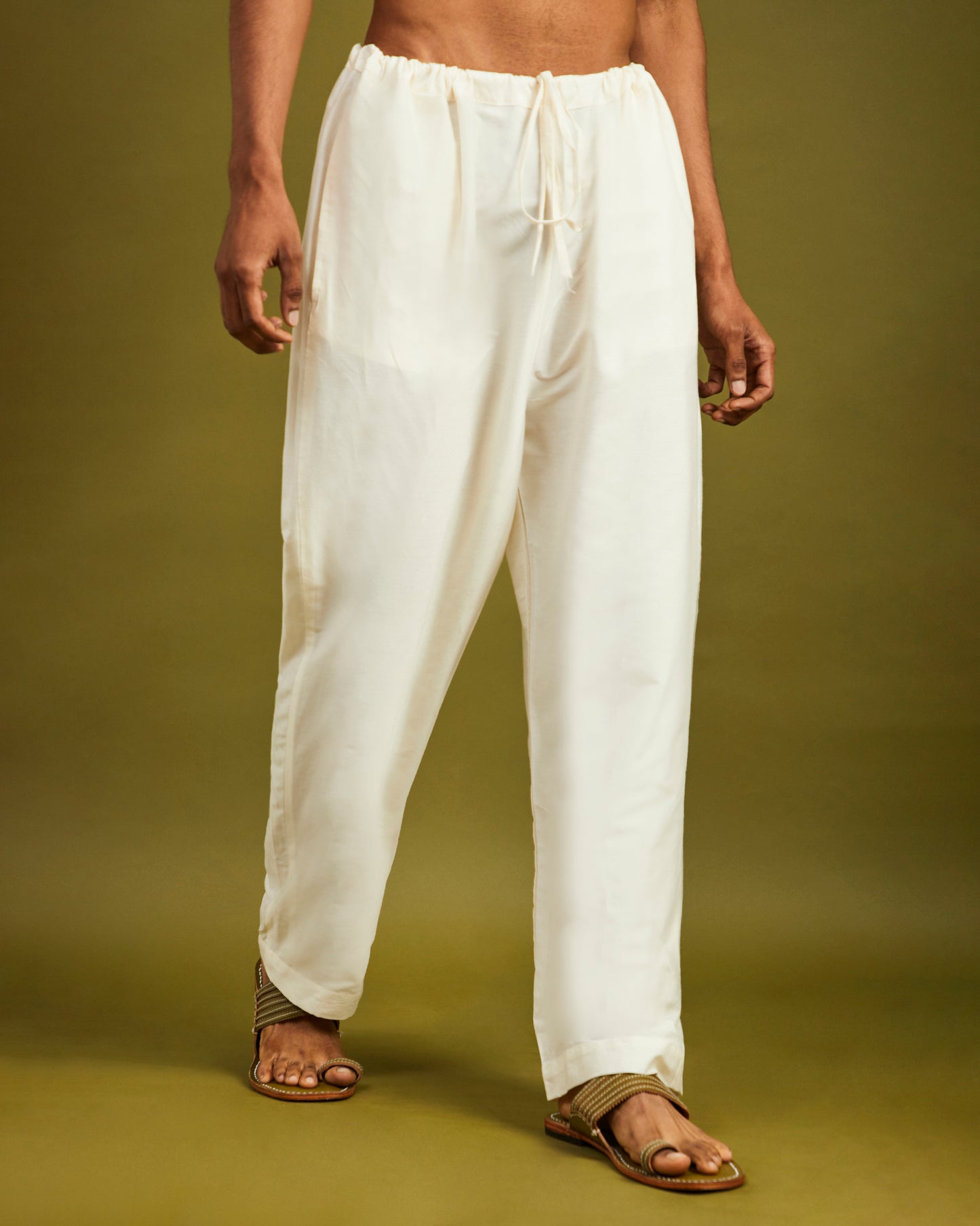 Off Wite Straight Pants with Drawstrings