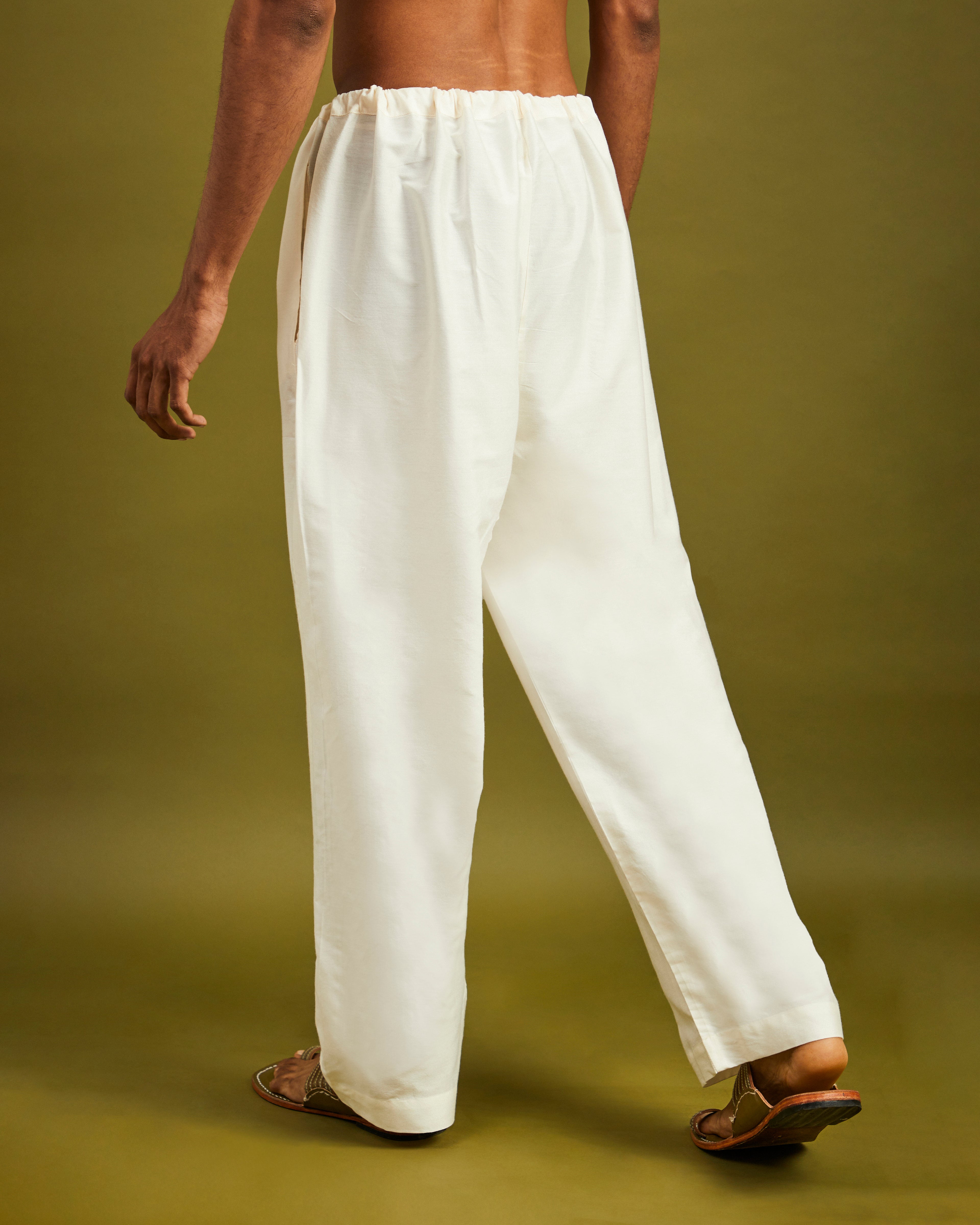 Off White Straight Pants with Drawstrings