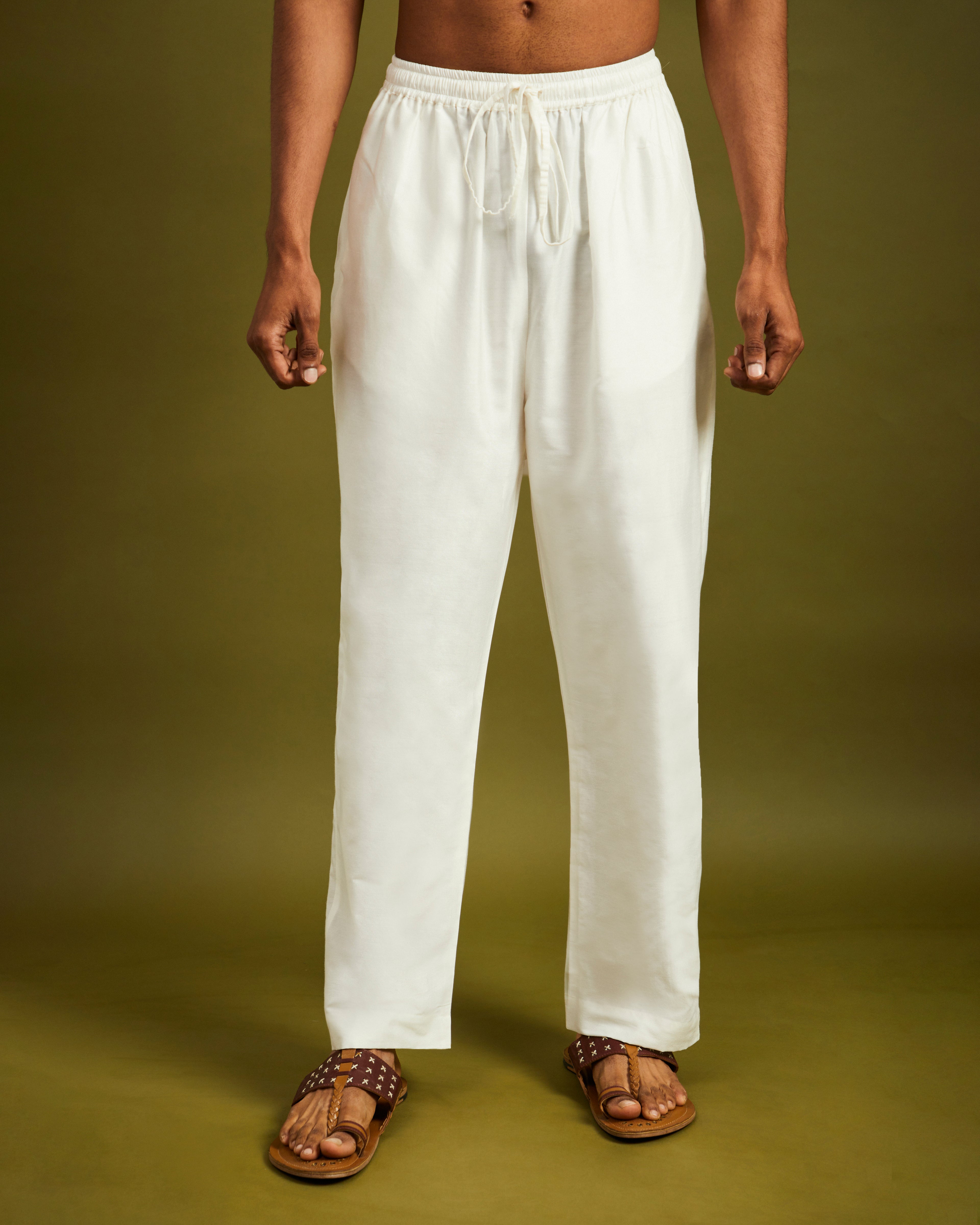 White Straight Pants Elastic with Drawstrings