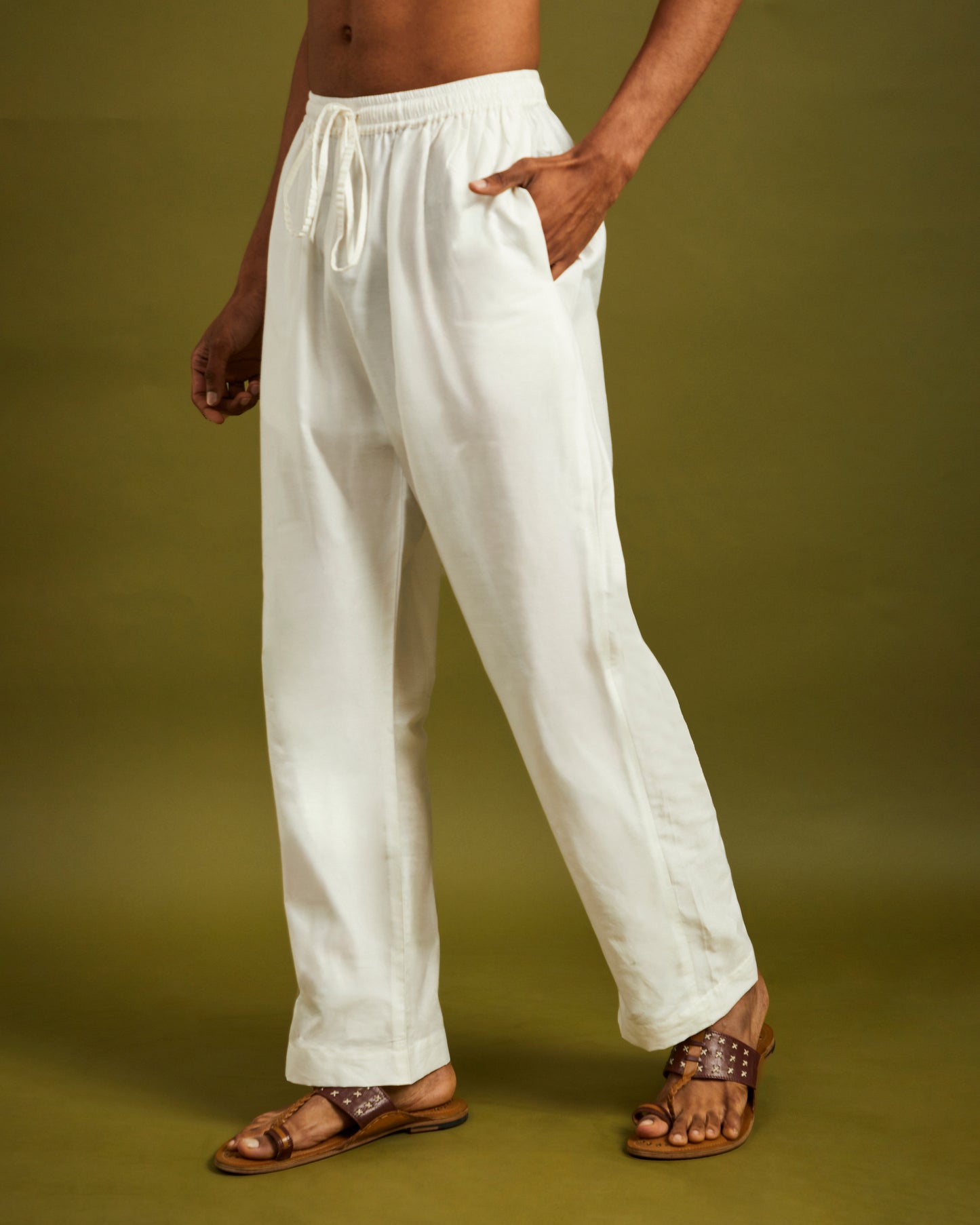 White Straight Pants Elastic with Drawstrings