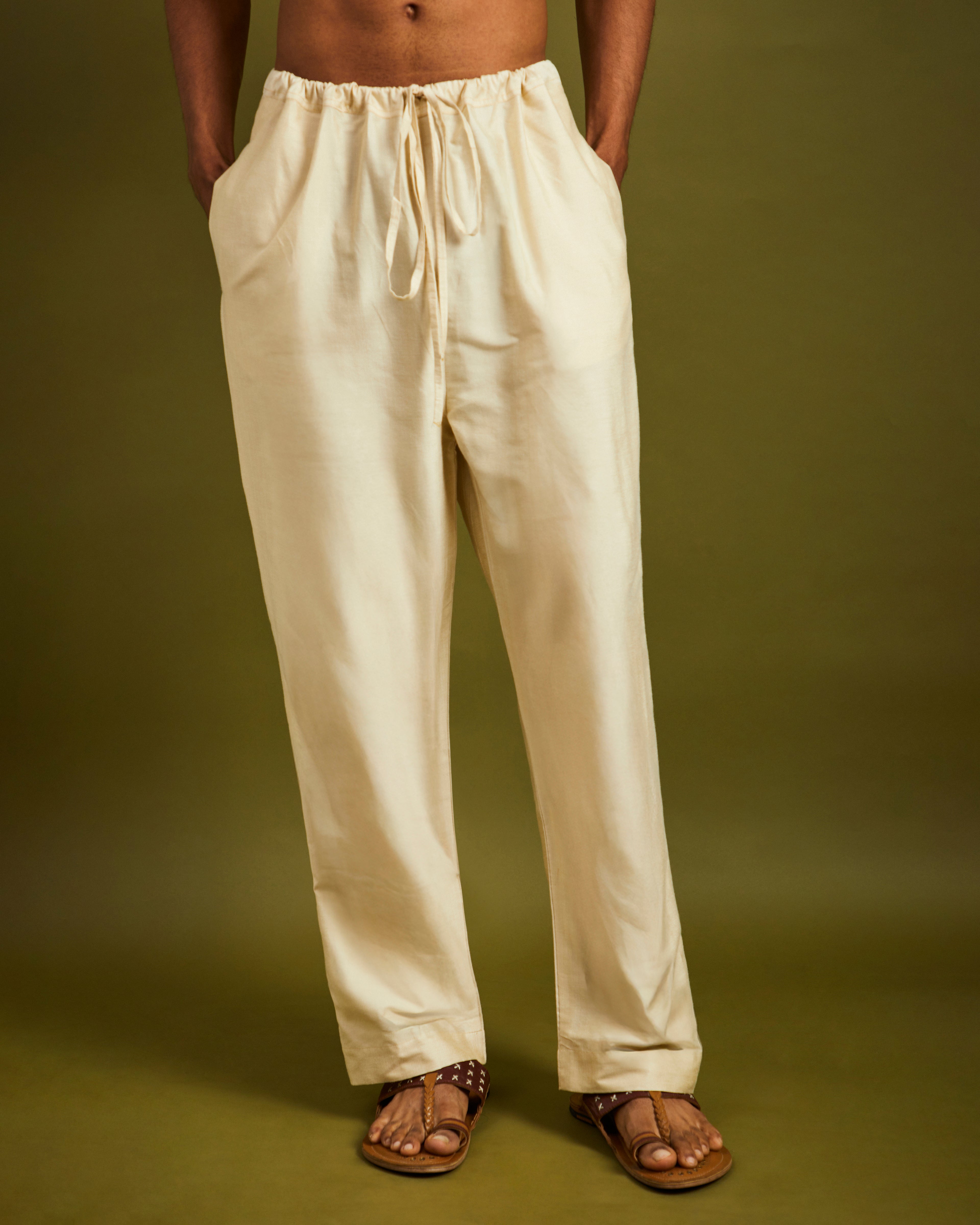 Cream Straight Pants with Drawstrings