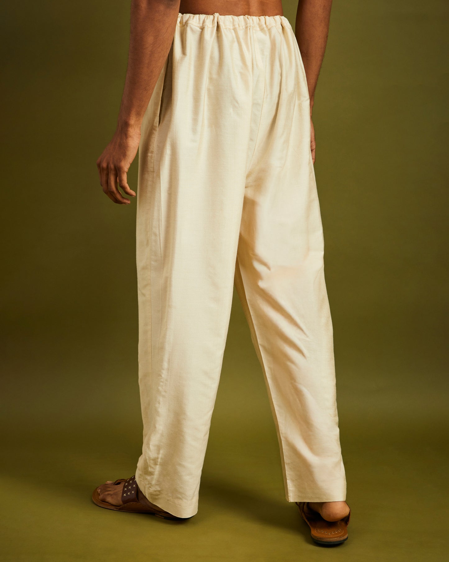Cream Straight Pants with Drawstrings