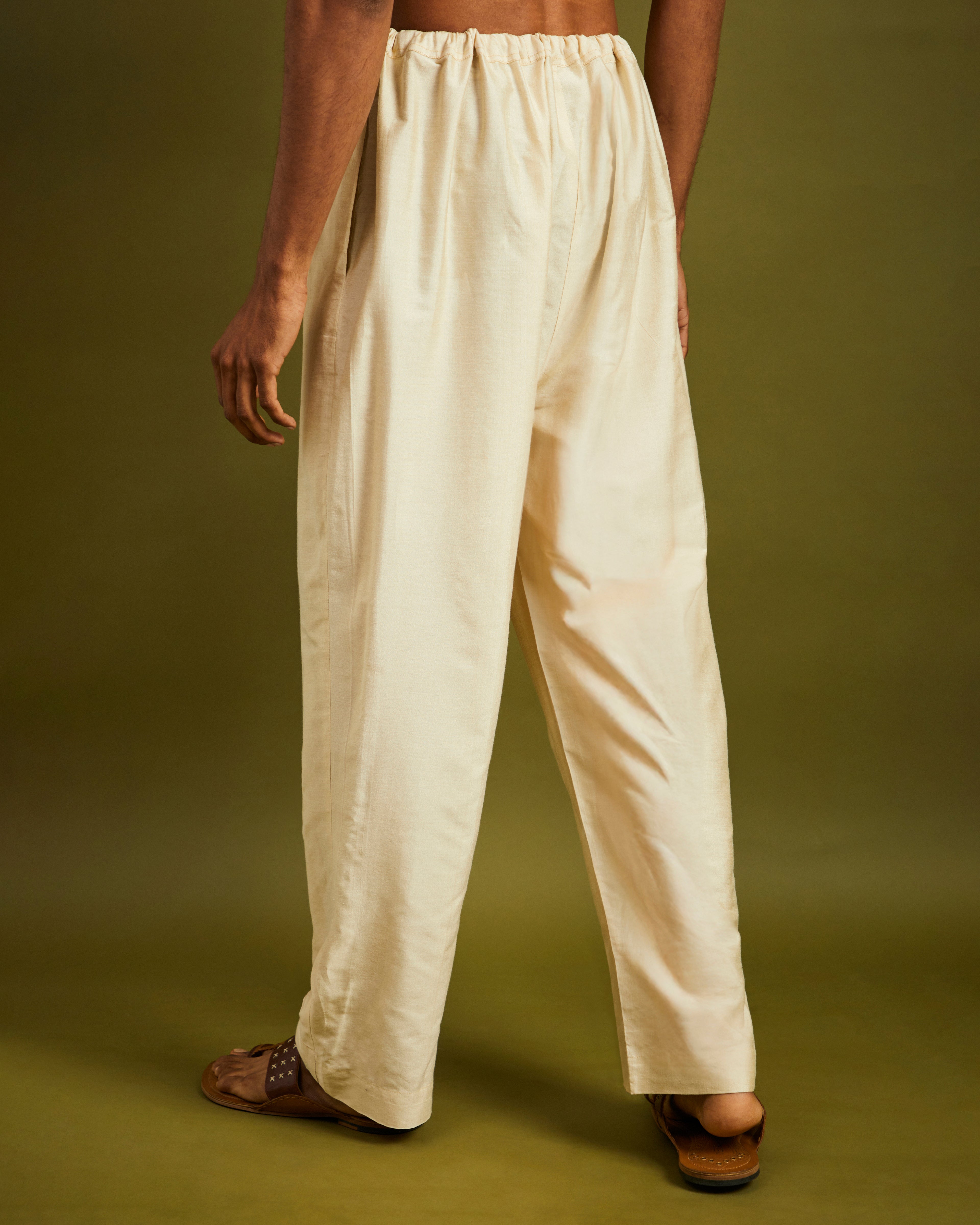 Cream Straight Pants with Drawstrings