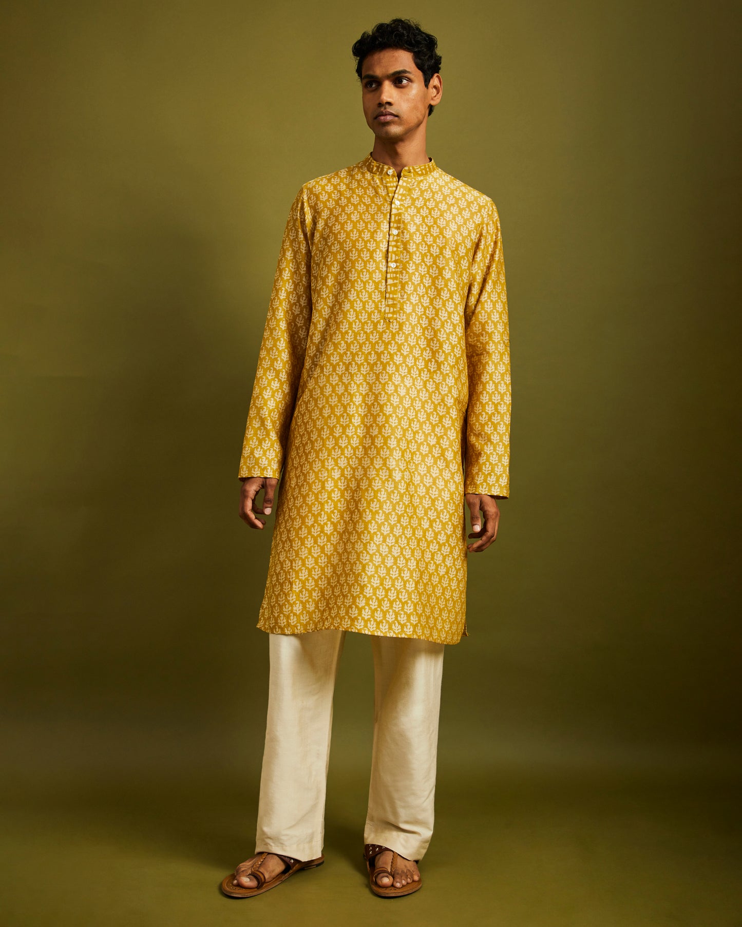 Cream Straight Pants with Drawstrings