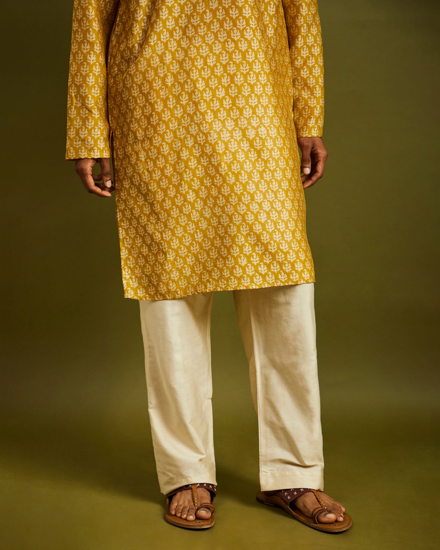 Cream Straight Pants with Drawstrings