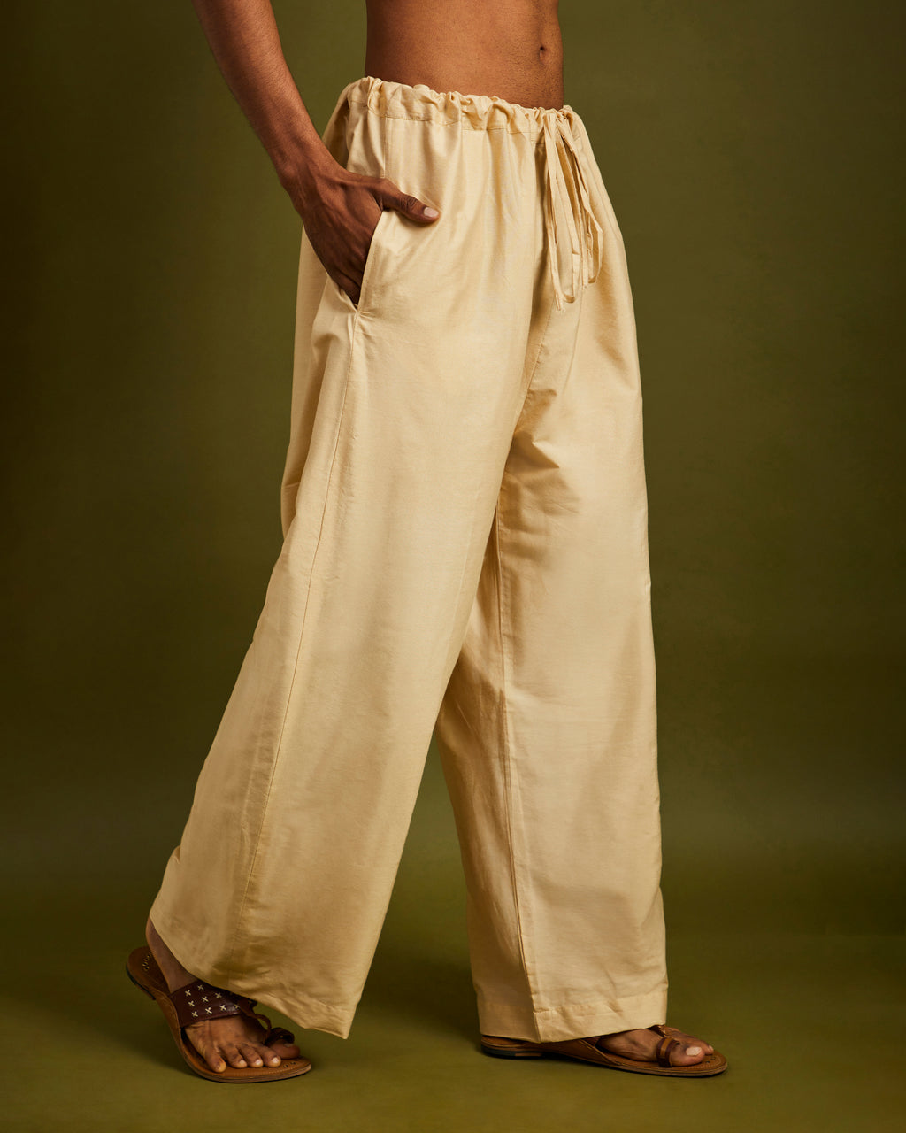 Beige Wide Leg Pants with Drawstrings