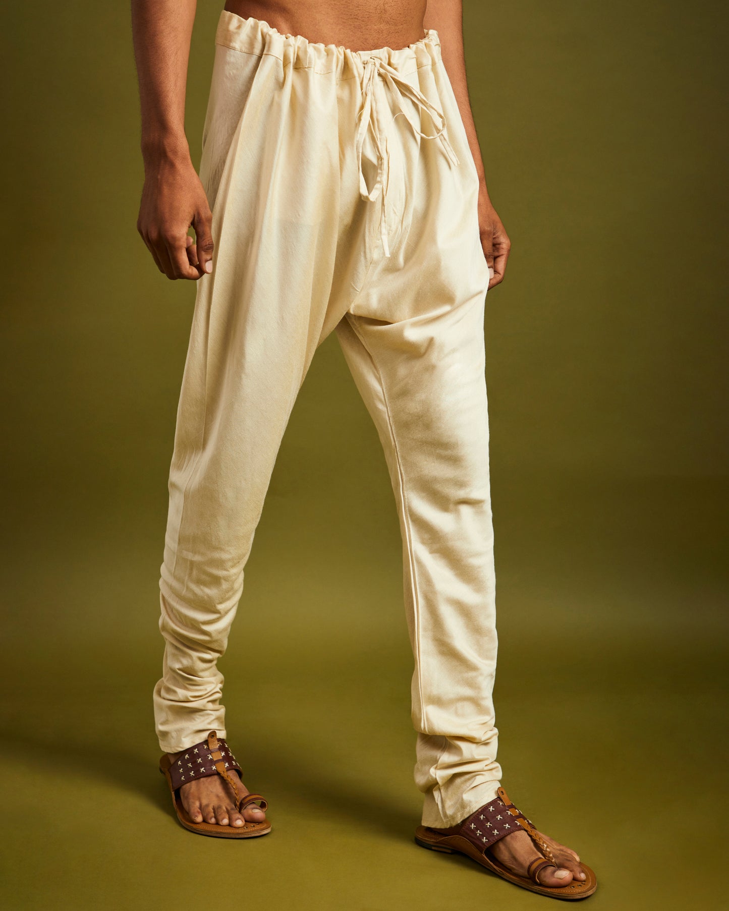 Cream Churidaar Pants with Drawstrings